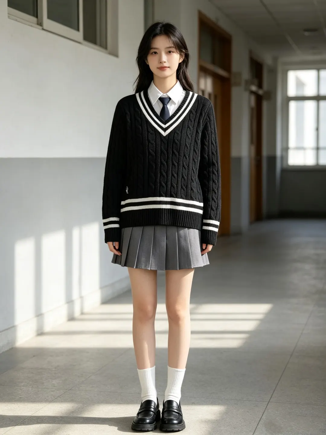 Striped V-Neck Cable-Knit Sweater D17521652