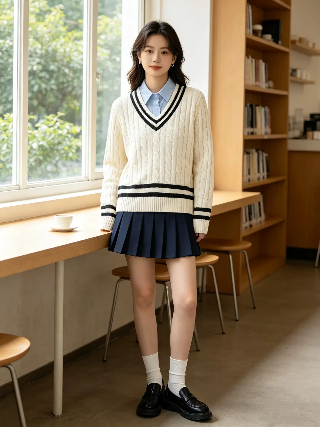 Striped V-Neck Cable-Knit Sweater D17521652 — view 2