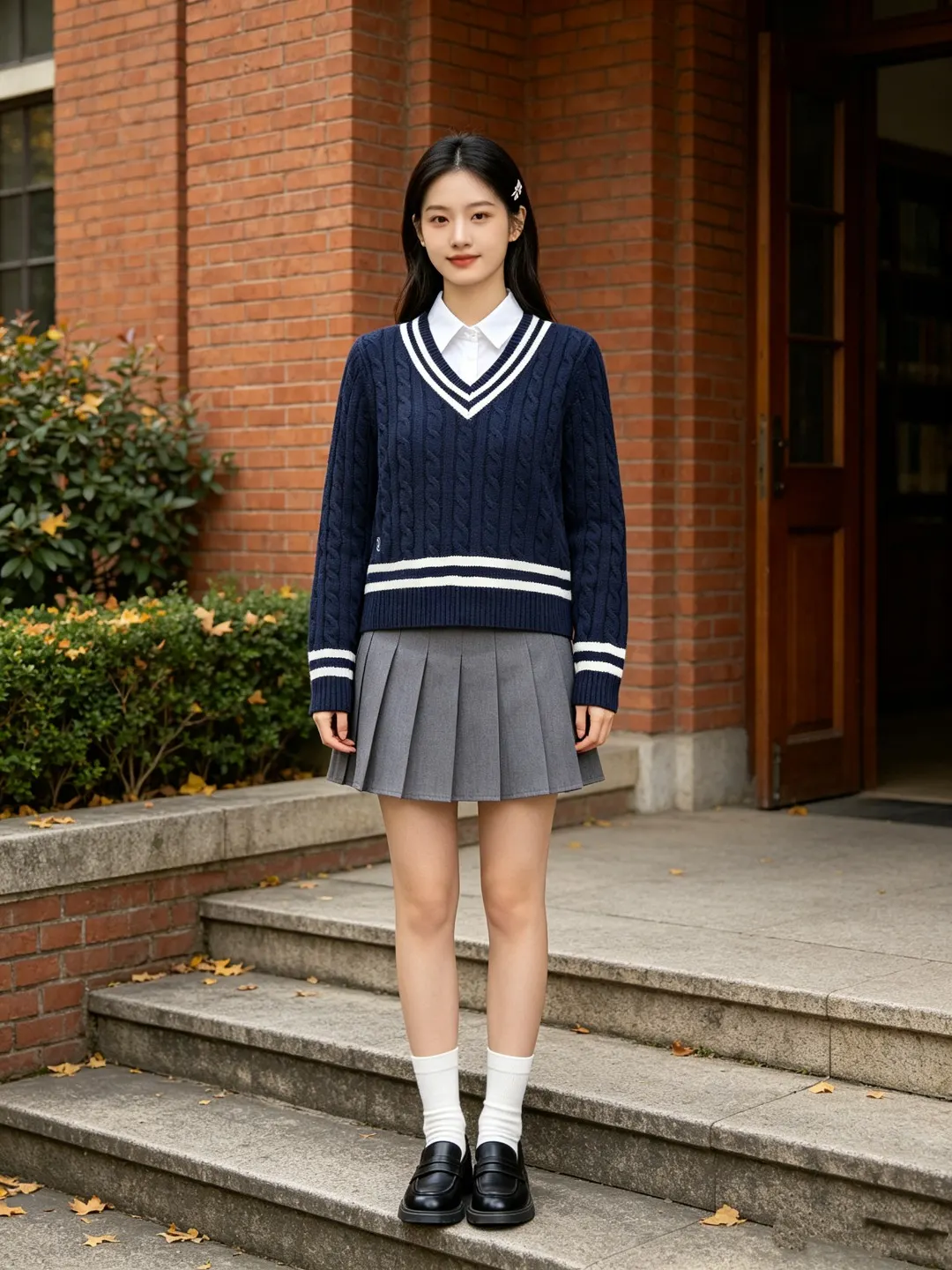Striped V-Neck Cable-Knit Sweater D17521652 — view 4