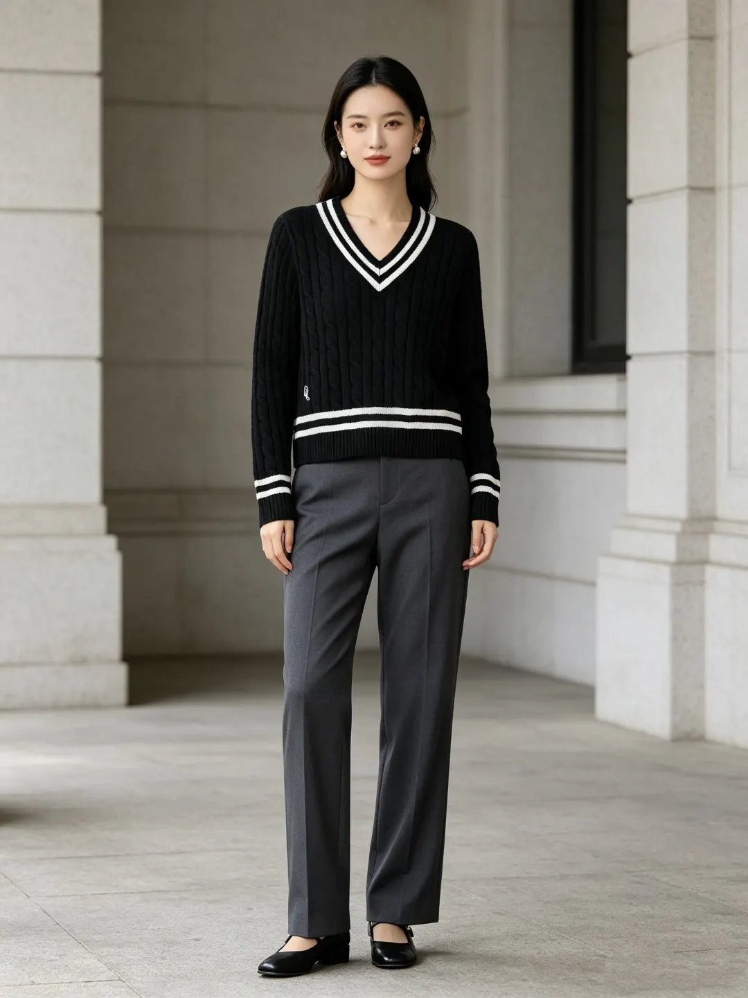 Striped V-Neck Cable-Knit Sweater D17521652 — view 5