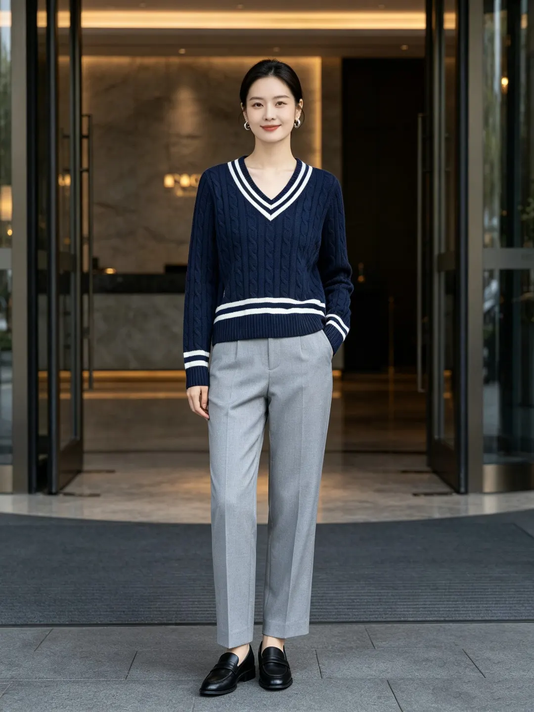 Striped V-Neck Cable-Knit Sweater D17521652 — view 6