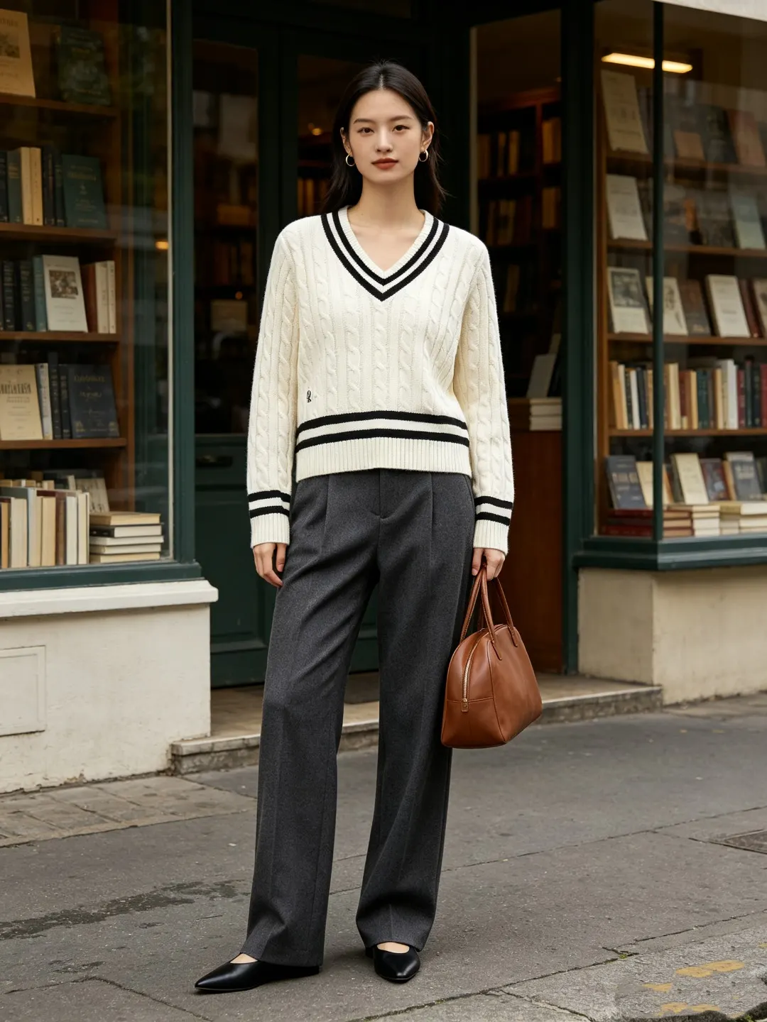 Striped V-Neck Cable-Knit Sweater D17521652 — view 8