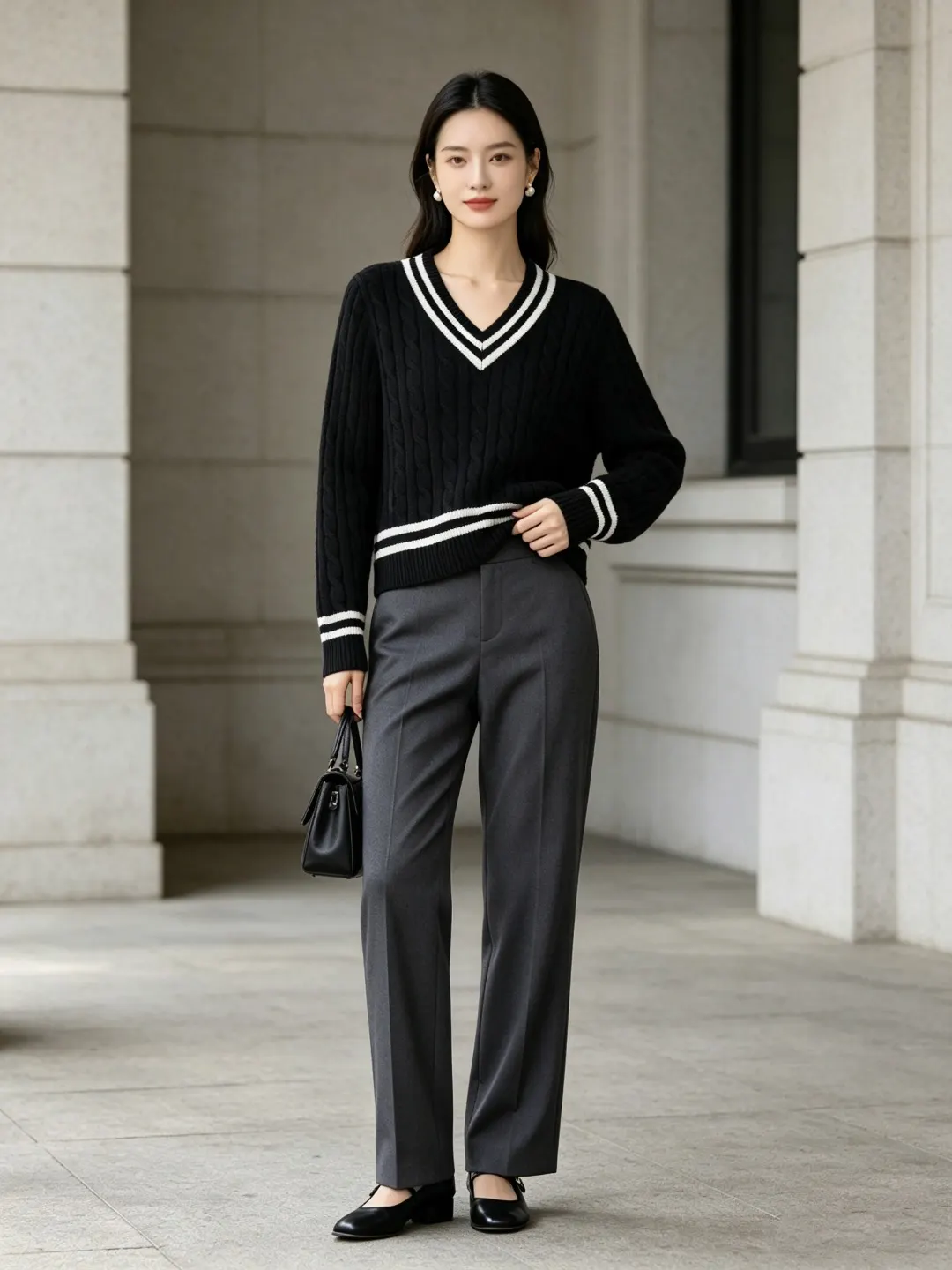 Striped V-Neck Cable-Knit Sweater D17521652 — view 9