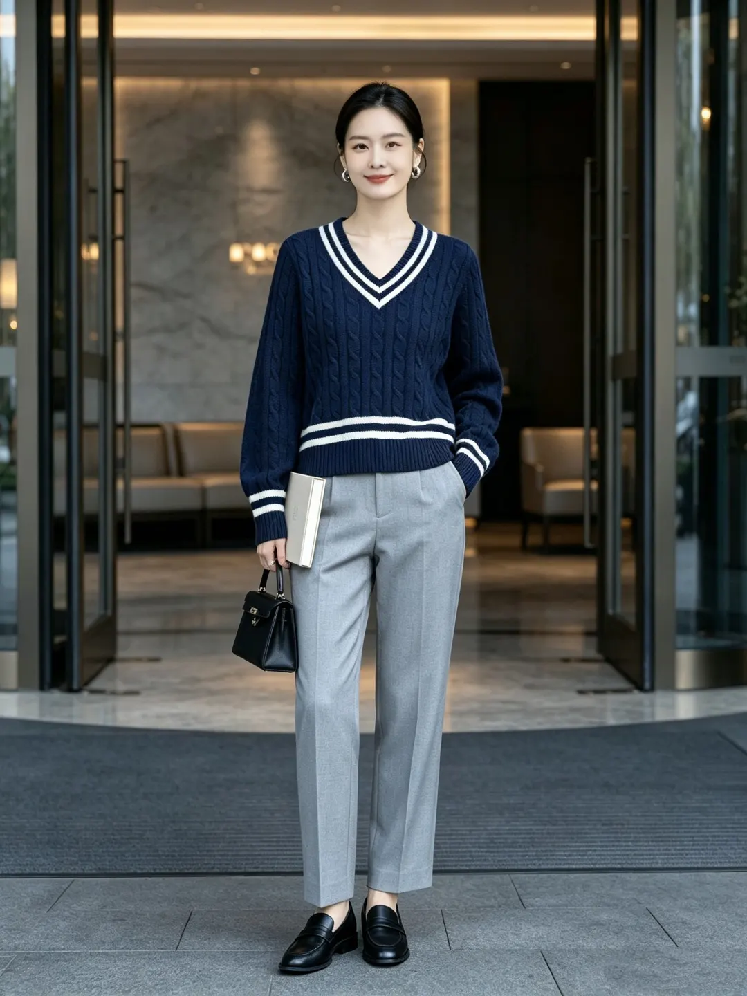 Striped V-Neck Cable-Knit Sweater D17521652 — view 10