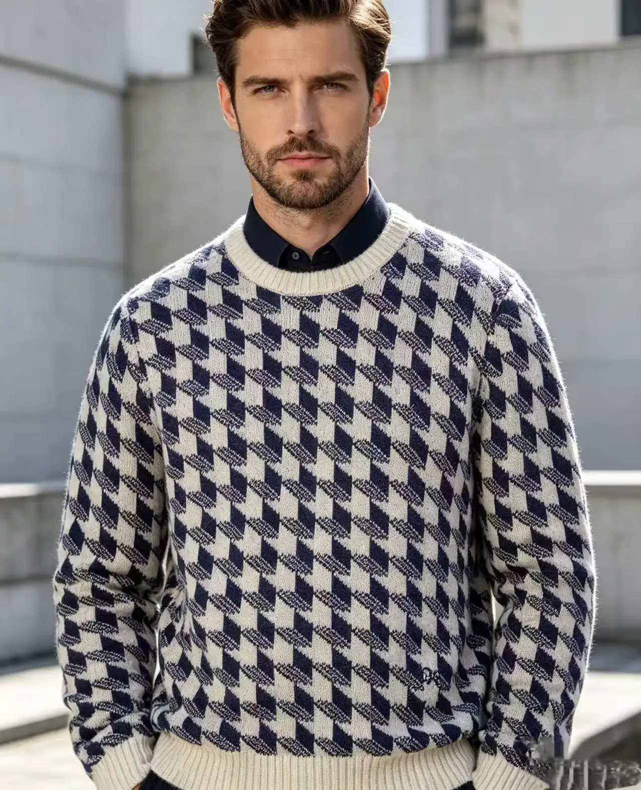 Houndstooth Jacquard Wool Crew-Neck Sweater D21019801 — view 3