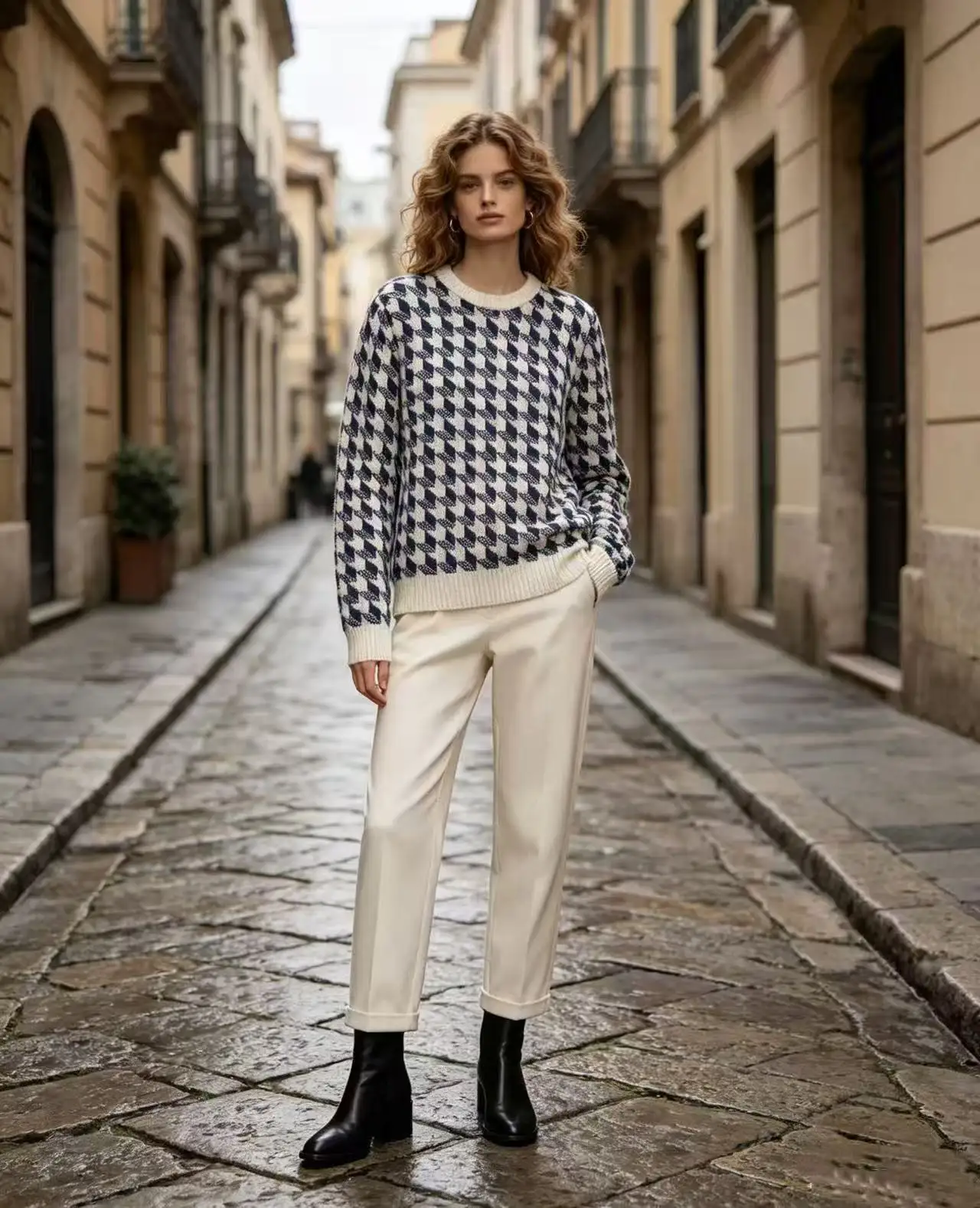 Houndstooth Jacquard Wool Crew-Neck Sweater D21019801 — view 4