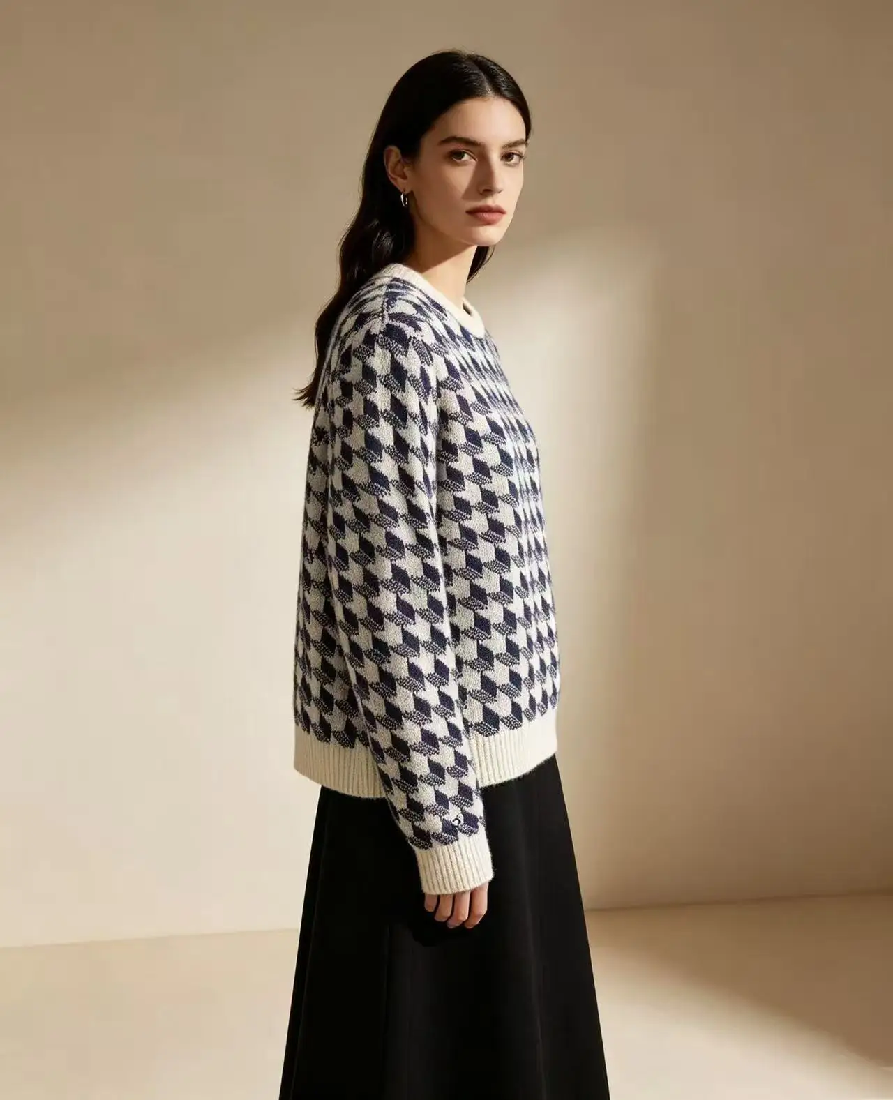 Houndstooth Jacquard Wool Crew-Neck Sweater D21019801 — view 6