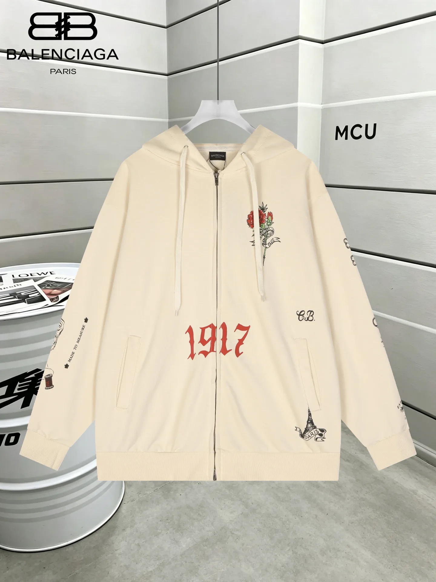 Tattoo Print Oversized Zip-Up Hoodie D22519807