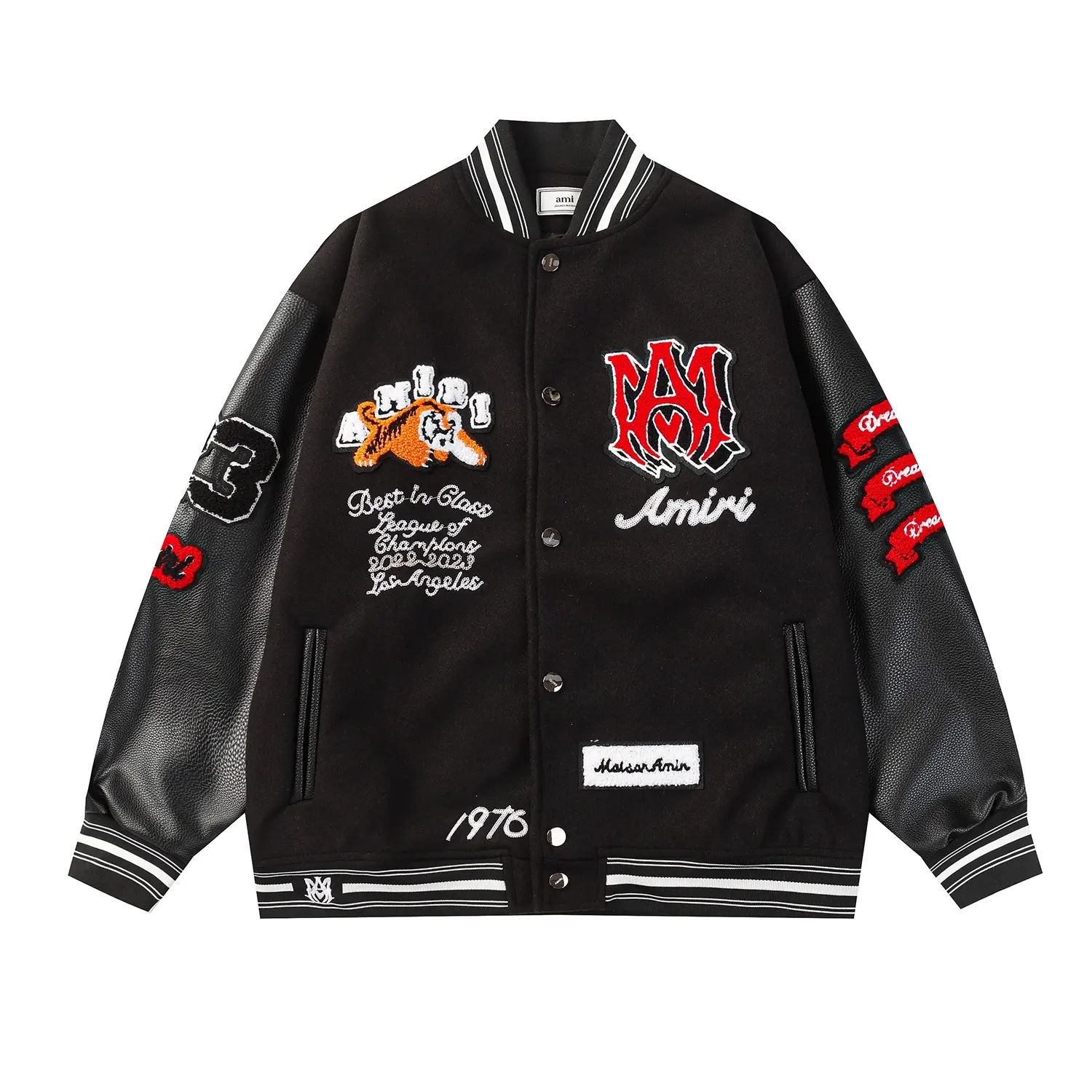 Tiger Embroidered Leather-Sleeved Varsity Jacket D24522177