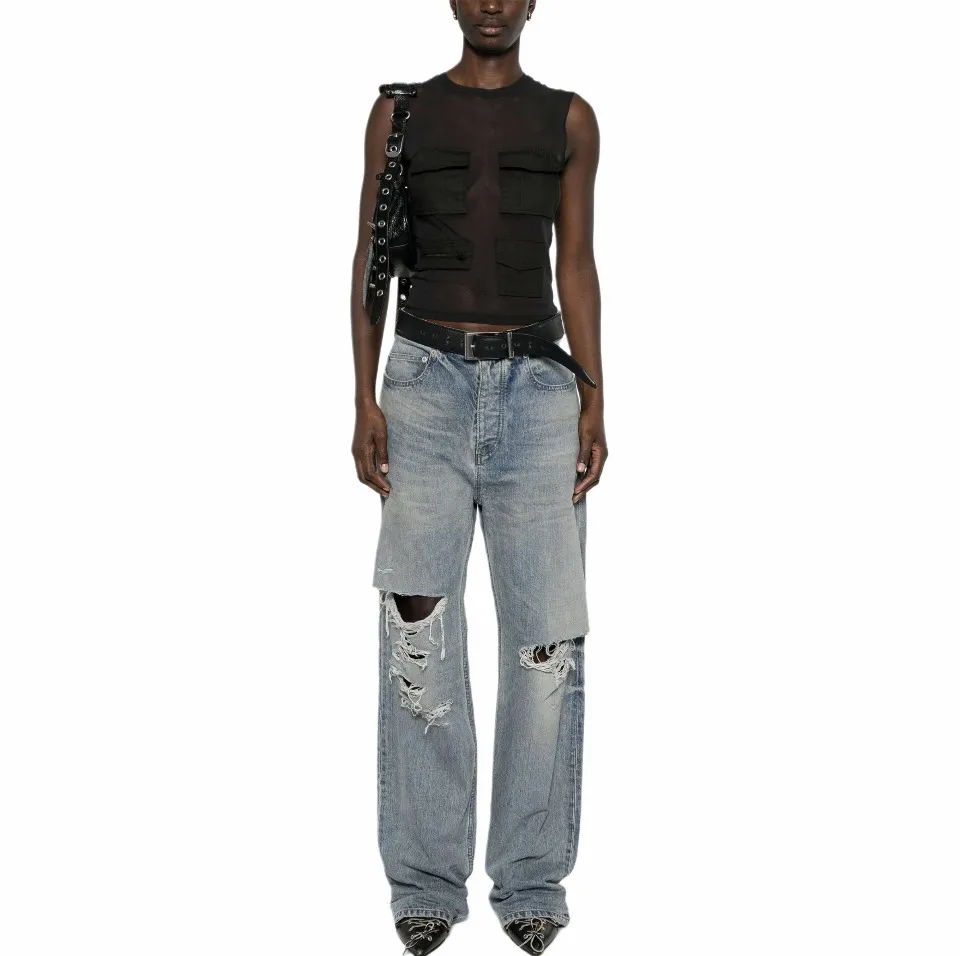 Distressed Straight-Leg Jeans with Integrated Belt D27018616 — view 2