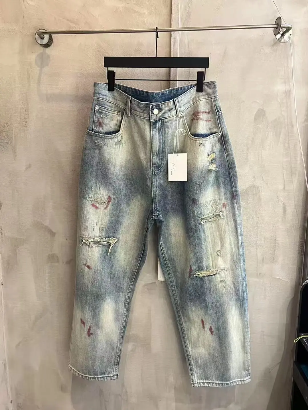 ANCELLM Distressed Patchwork Tapered Jeans D19520578