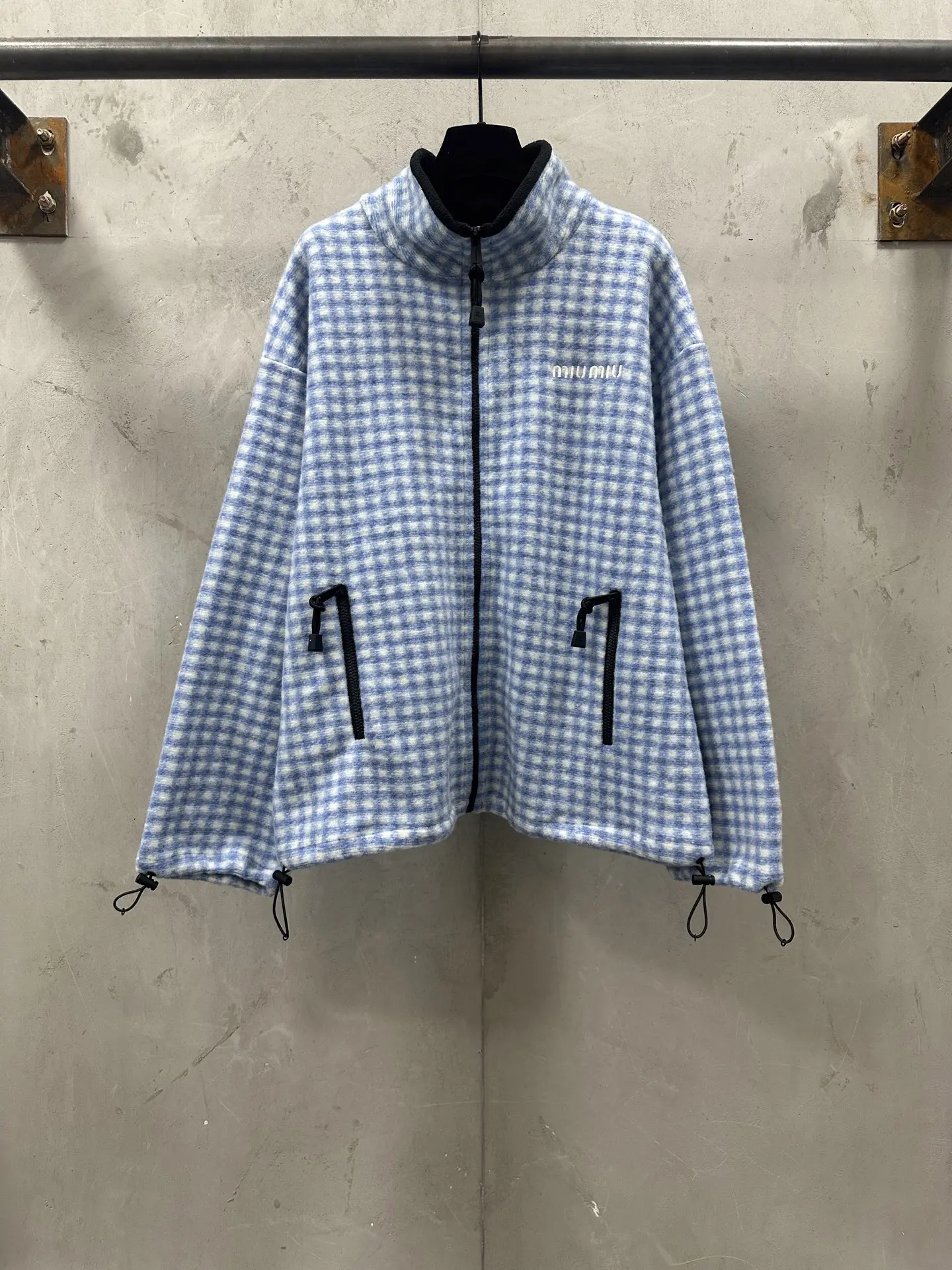 Embroidered Gingham Fleece Zip-Up Jacket D37022269