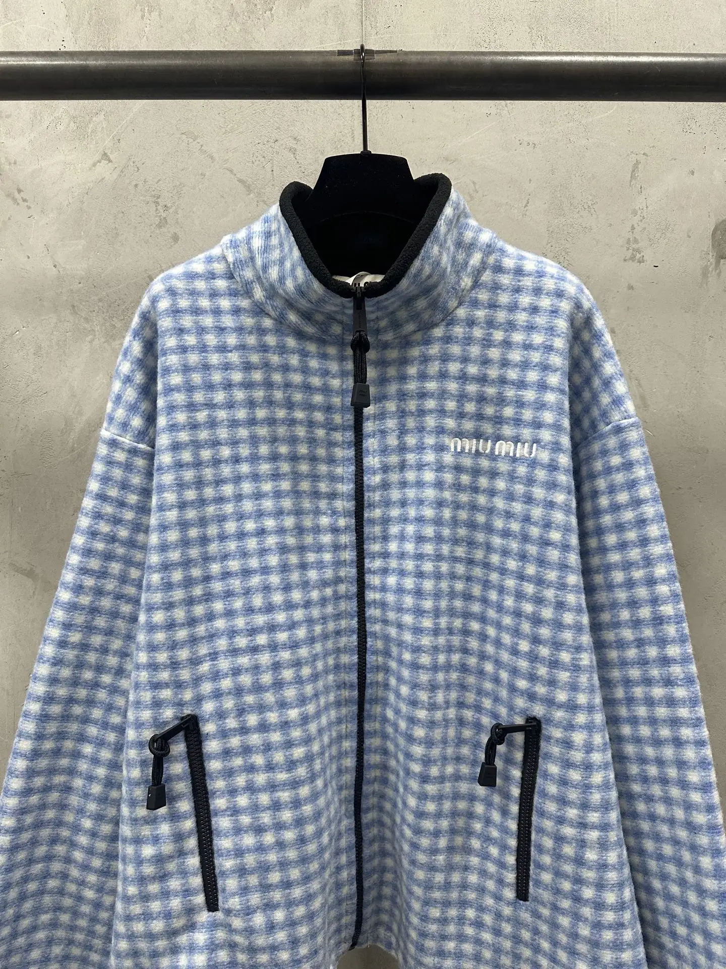 Embroidered Gingham Fleece Zip-Up Jacket D37022269 — view 3