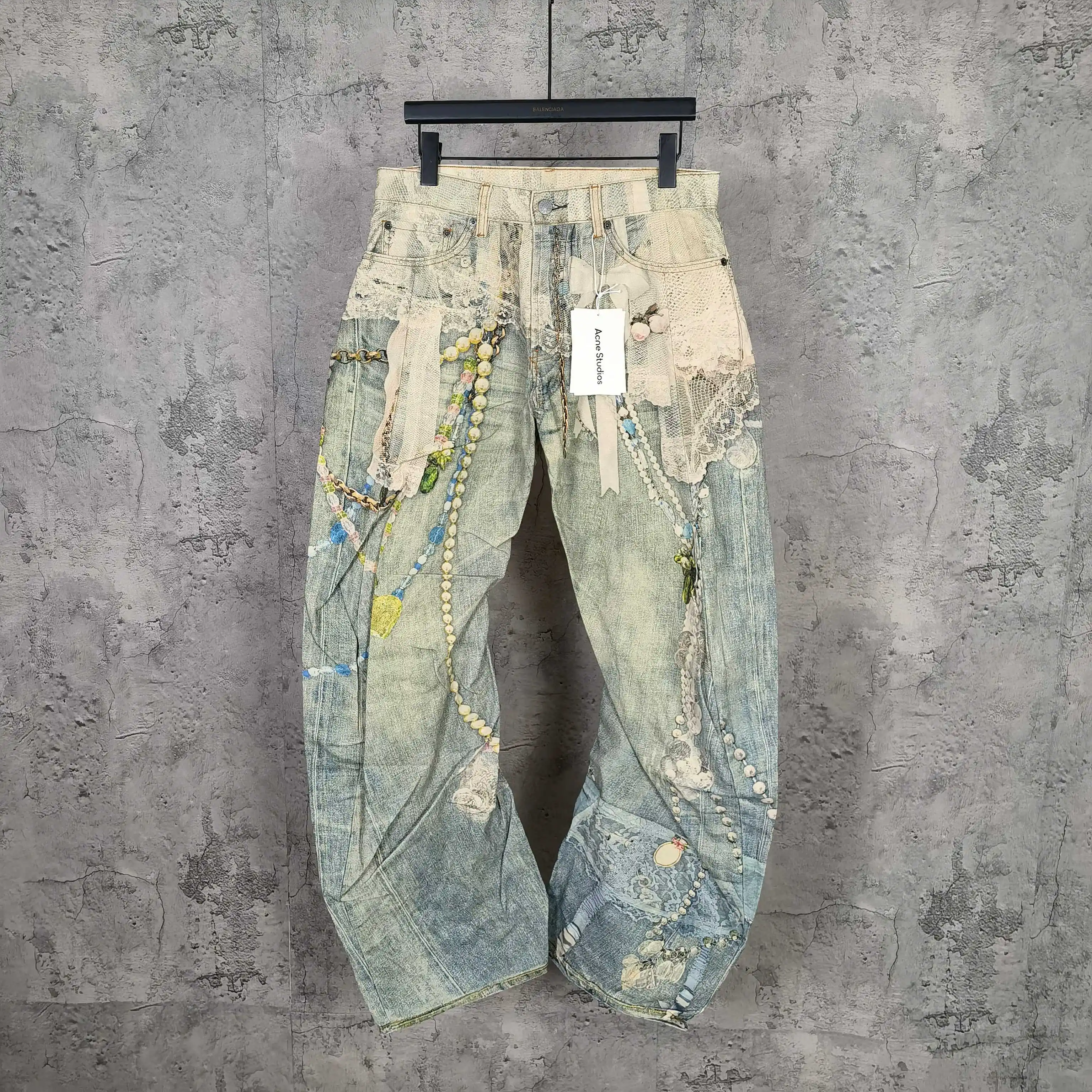 Trompe L'oeil Lace and Pearl Print Curved-Leg Jeans D25523247
