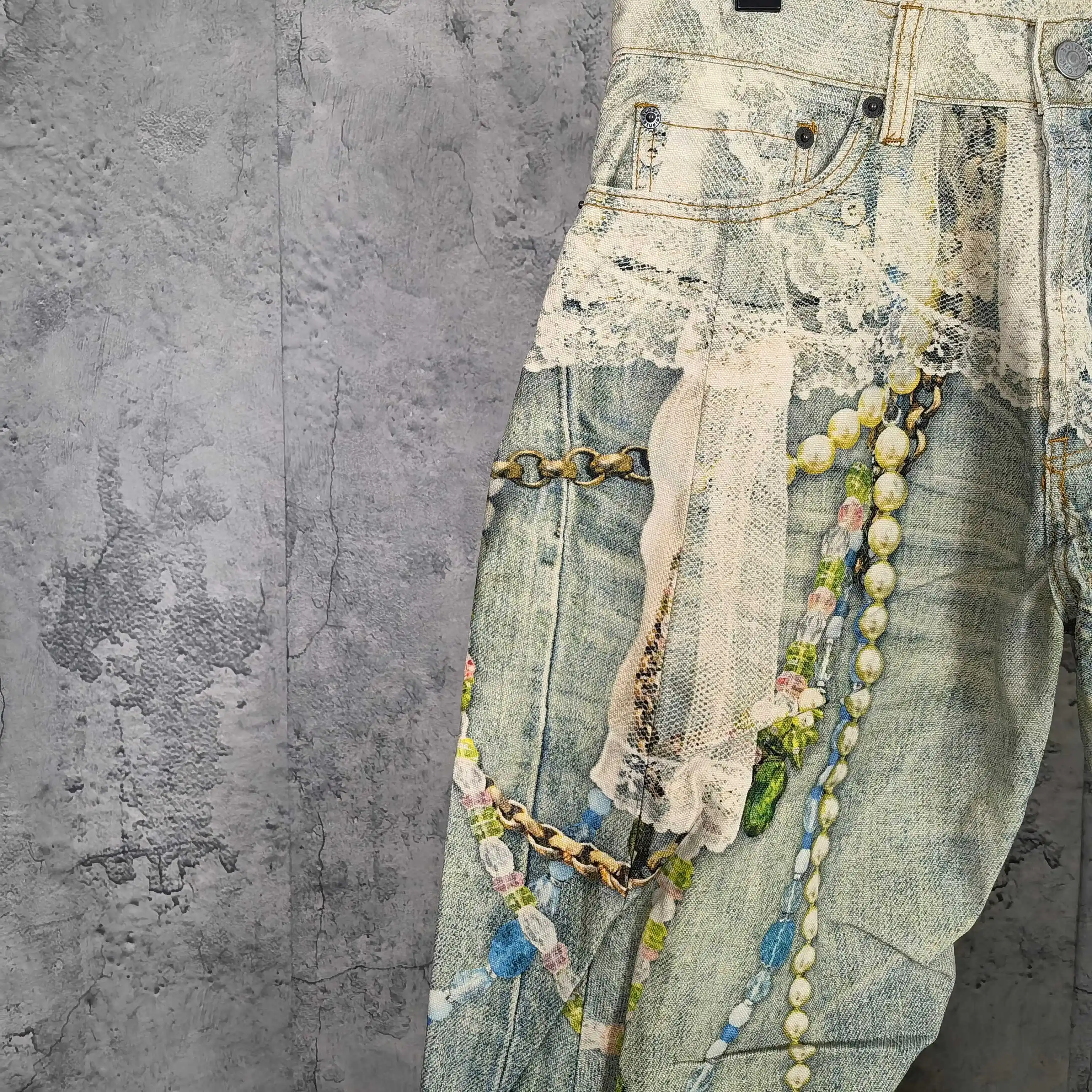 Trompe L'oeil Lace and Pearl Print Curved-Leg Jeans D25523247 — view 10