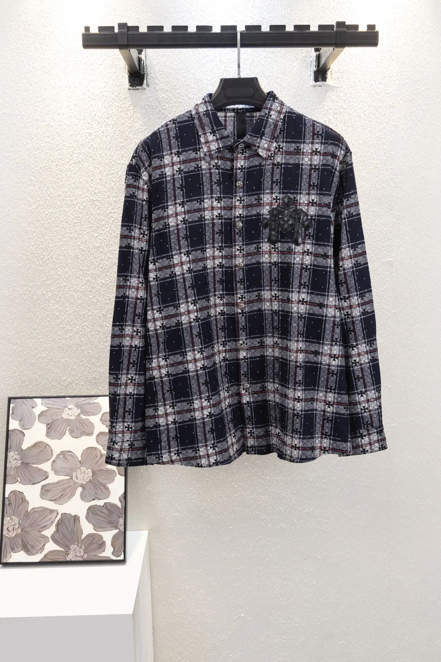 Leather Cross Patch Plaid Flannel Shirt D17012243