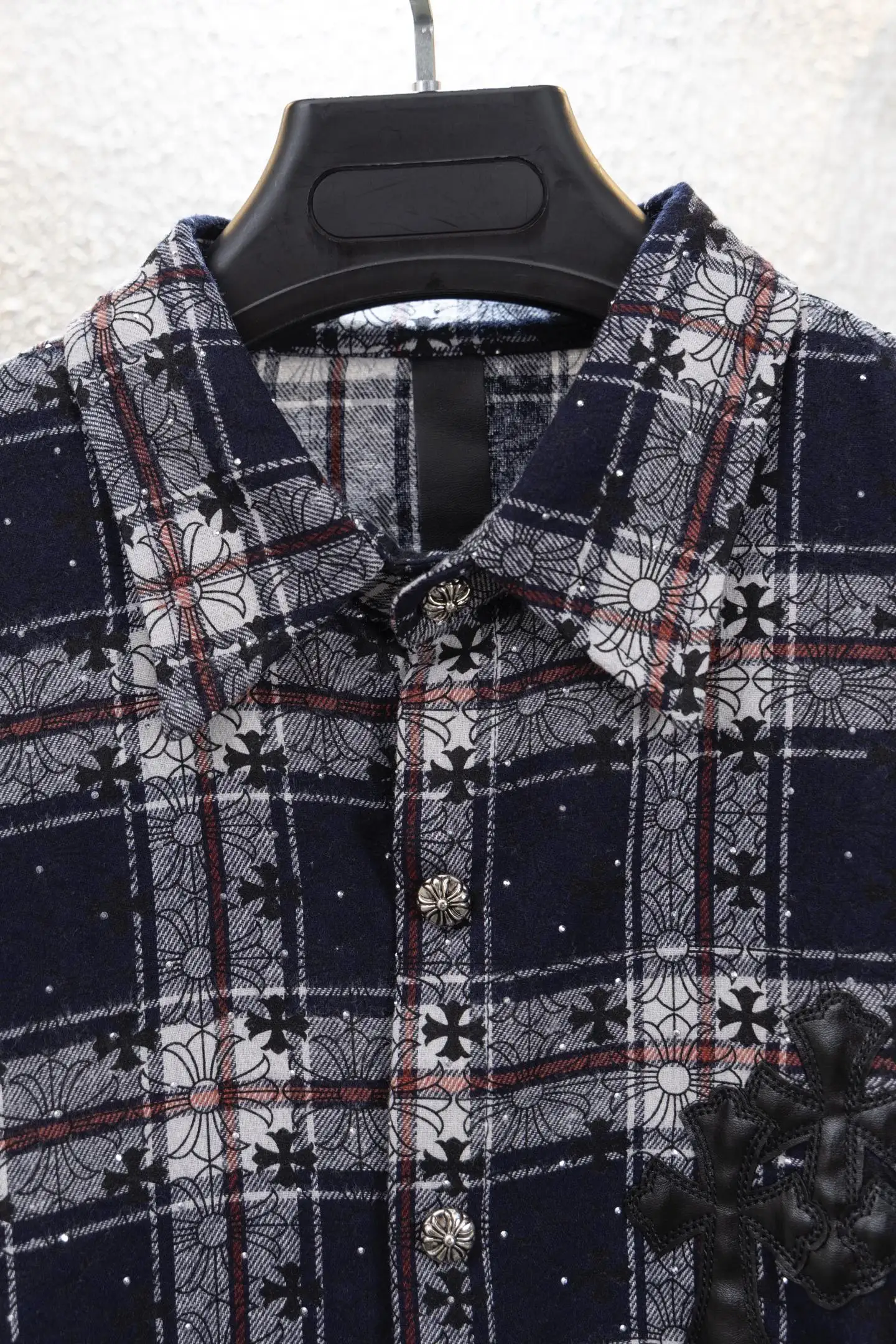 Leather Cross Patch Plaid Flannel Shirt D17012243 — view 3