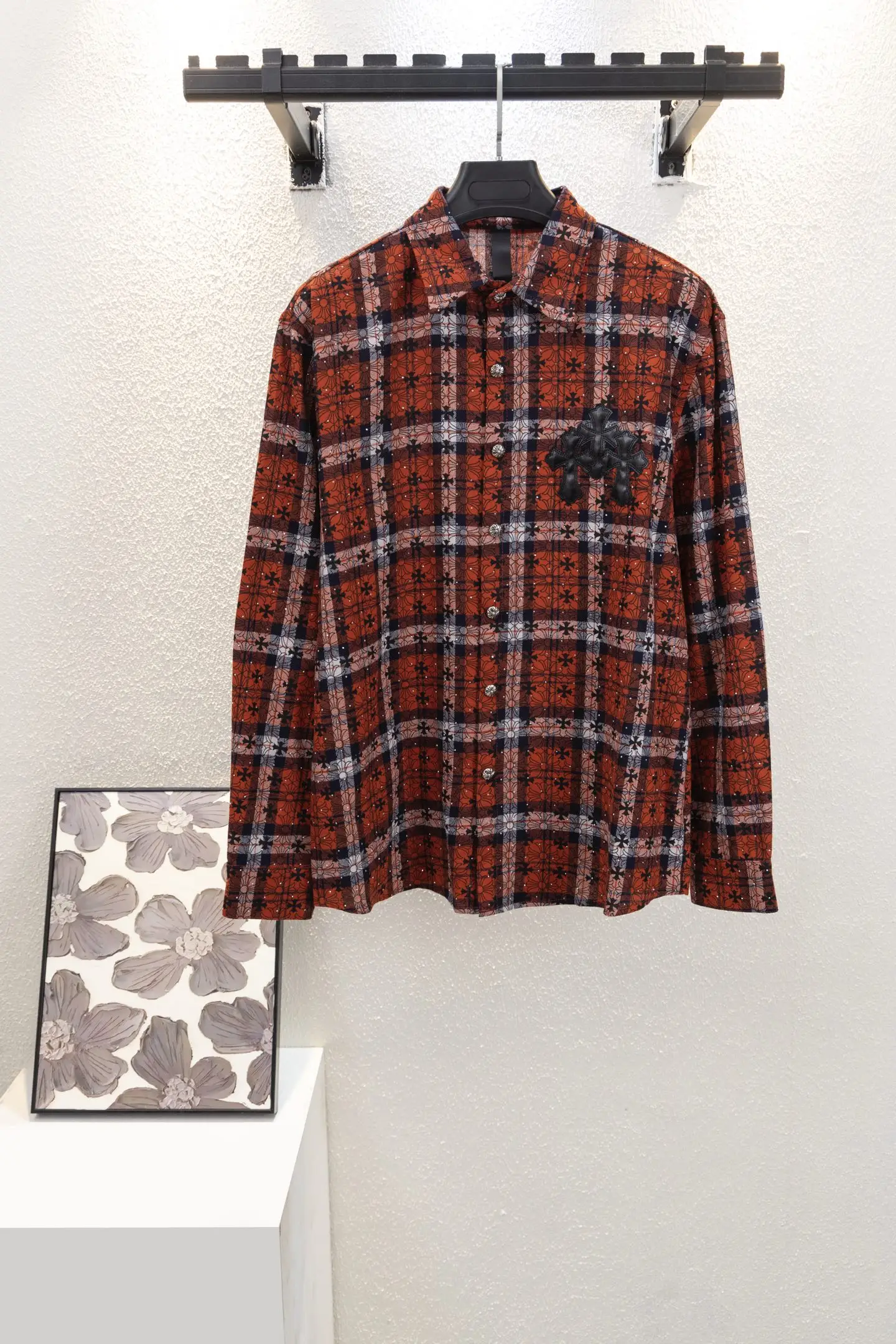 Leather Cross Patch Plaid Flannel Shirt D17012242