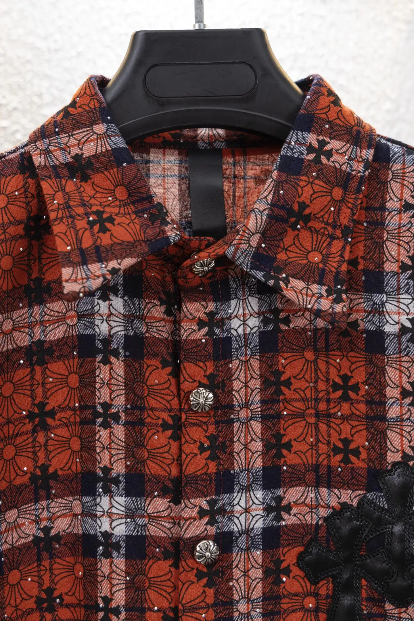 Leather Cross Patch Plaid Flannel Shirt D17012242 — view 4