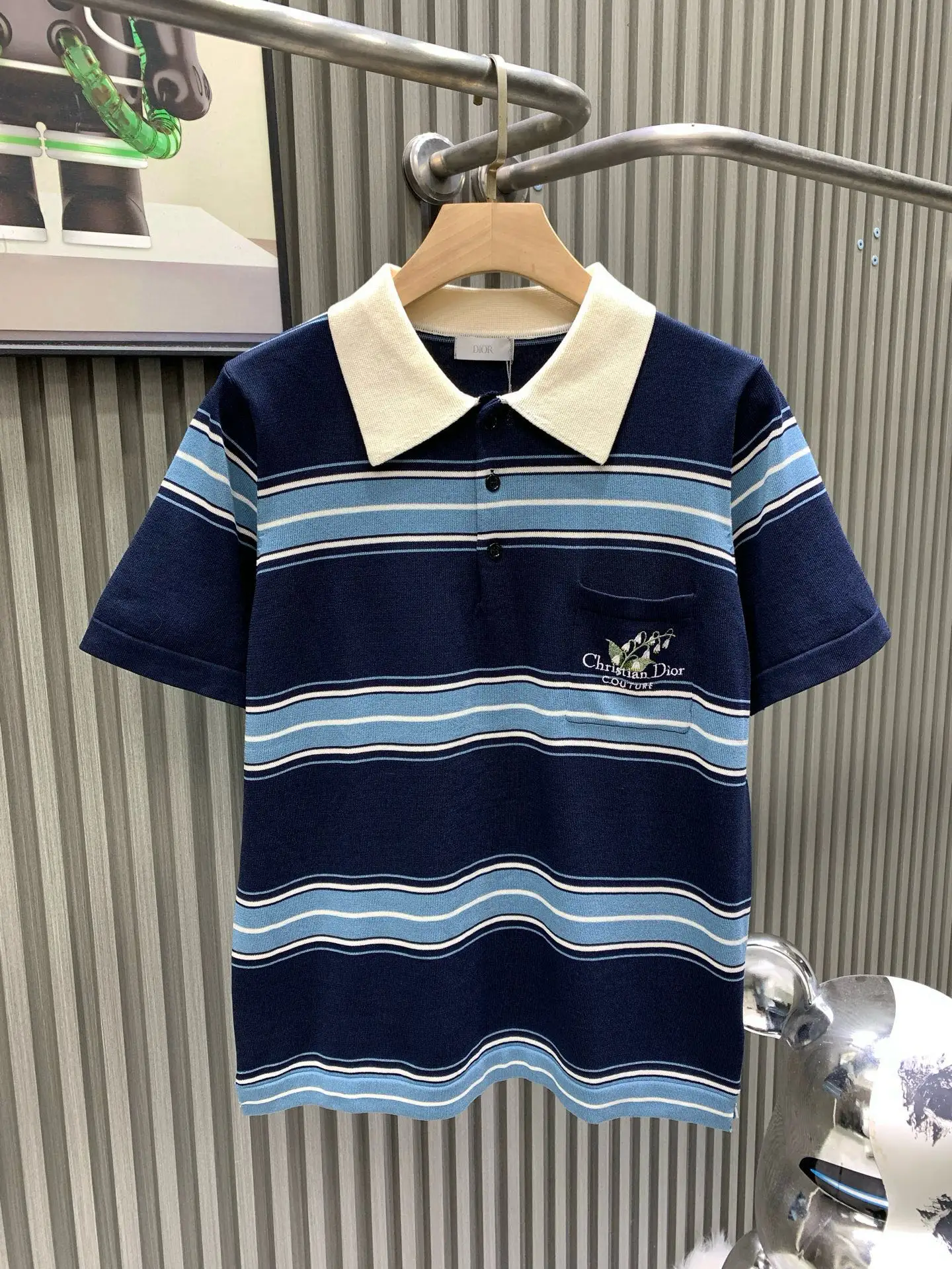 Lily of the Valley Embroidered Striped Wool Polo Shirt D21514123