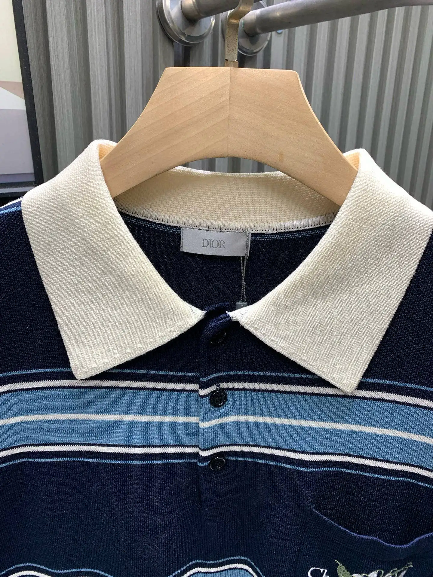 Lily of the Valley Embroidered Striped Wool Polo Shirt D21514123 — view 3