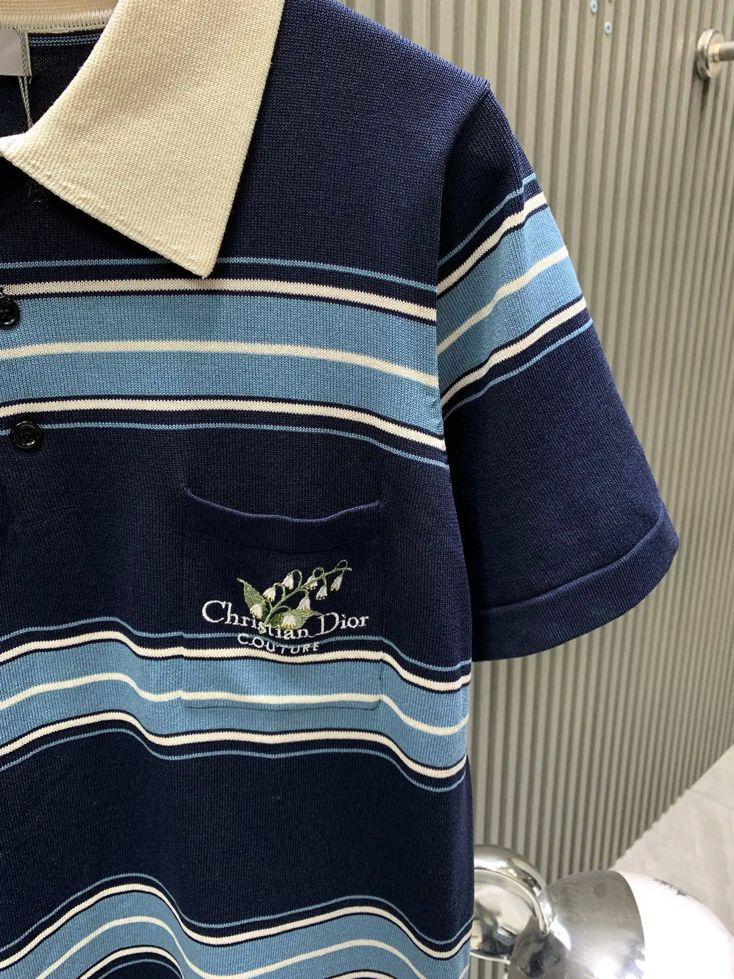 Lily of the Valley Embroidered Striped Wool Polo Shirt D21514123 — view 7