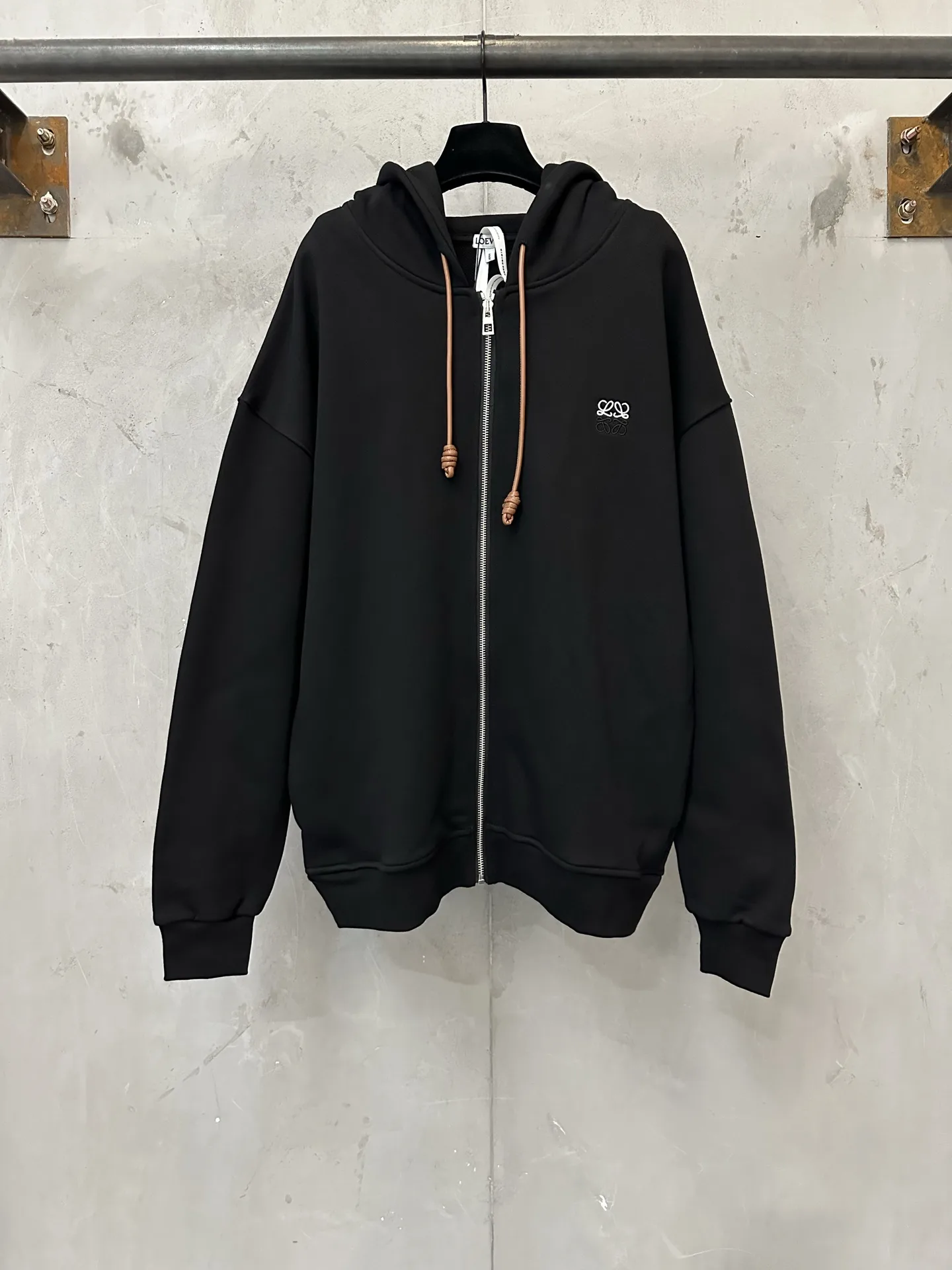 Anagram Embroidered Zip-Up Hoodie with Leather Drawstrings D33522279