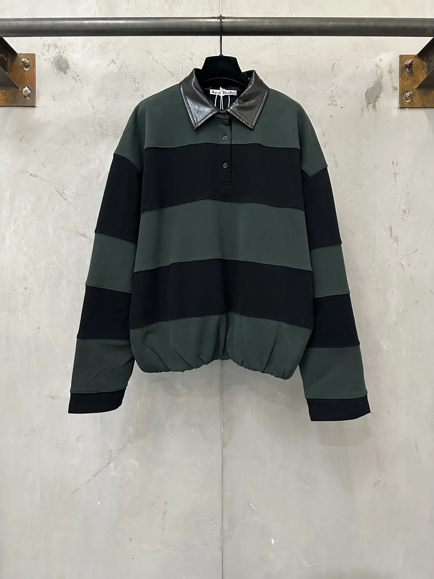 Striped Polo-Collar Sweatshirt with Leather Trim D35020504