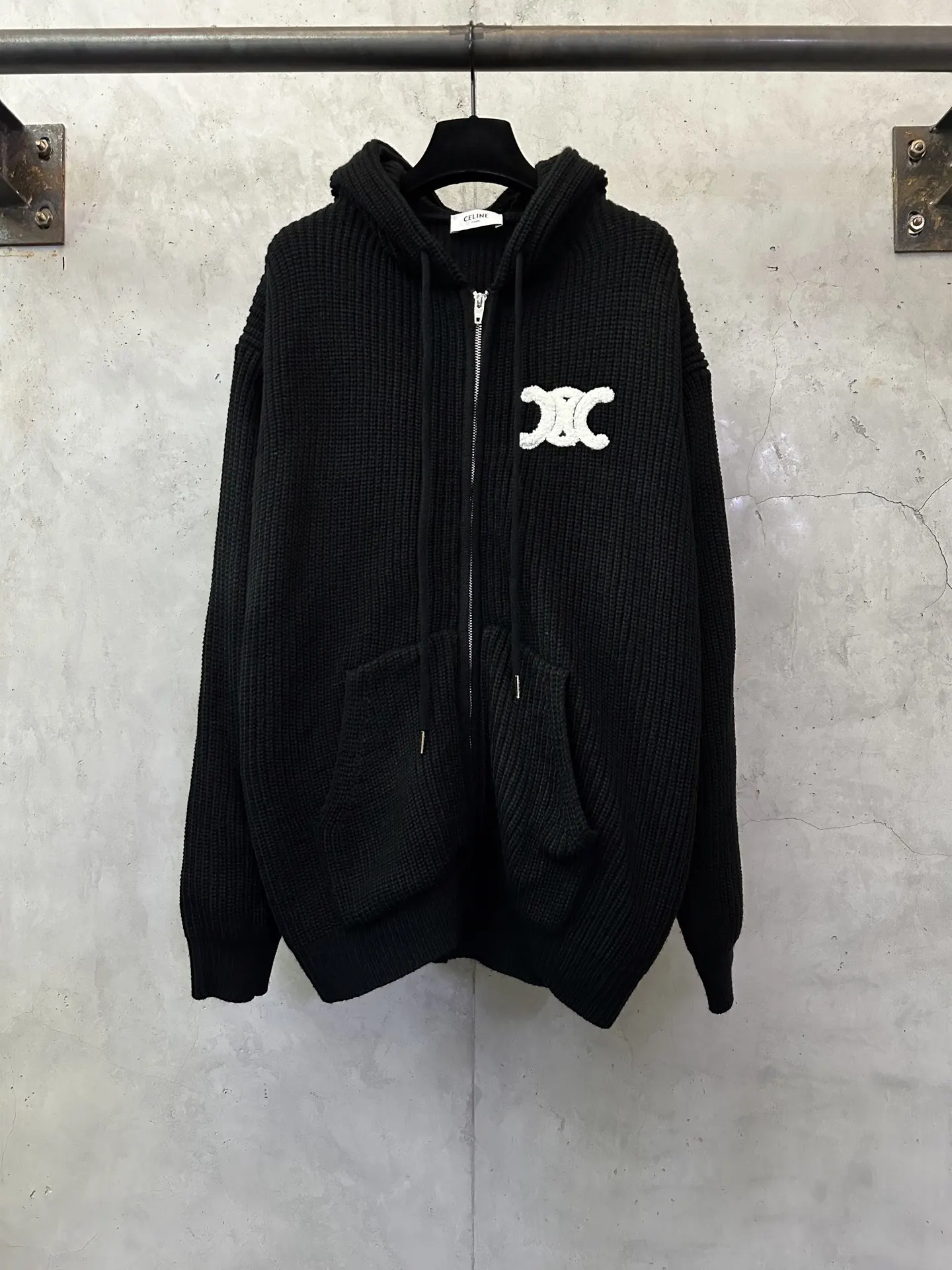 Triomphe Logo Ribbed Knit Zip-Up Hoodie D35022233