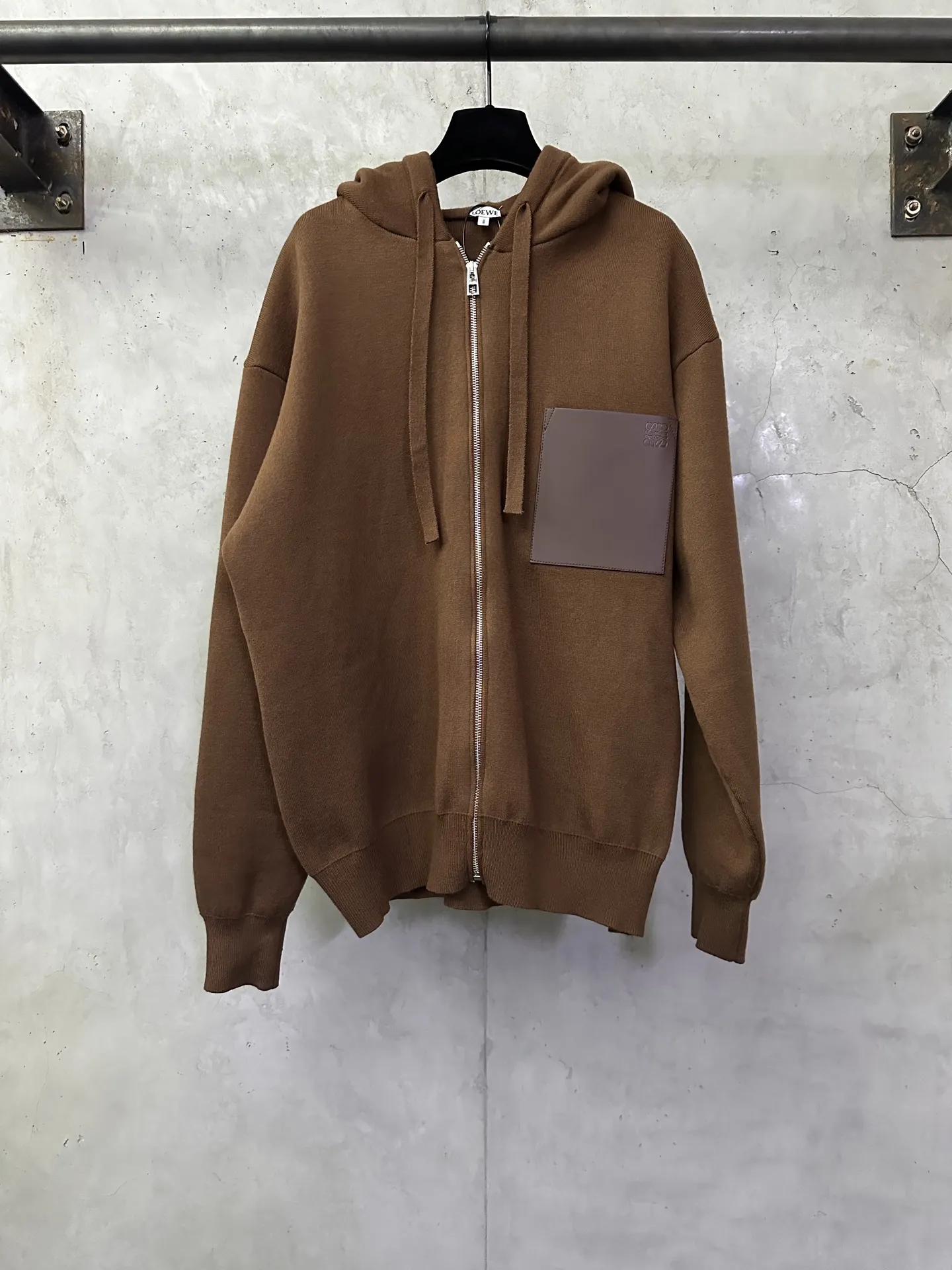 Leather-Patch Merino Wool Zip-Up Hoodie D35023138