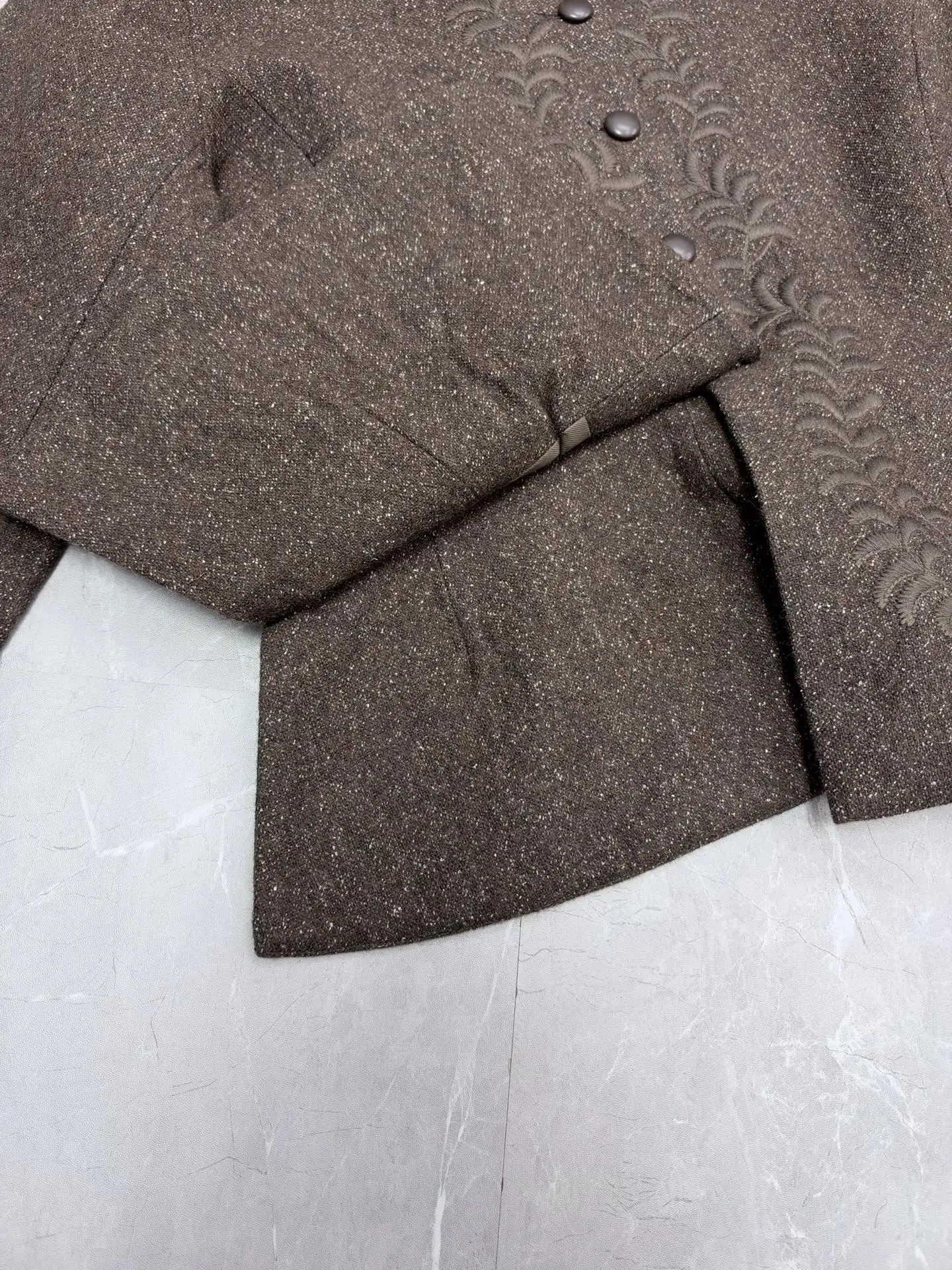 Embroidered Wool-Tweed Collarless Jacket D51019208 — view 7