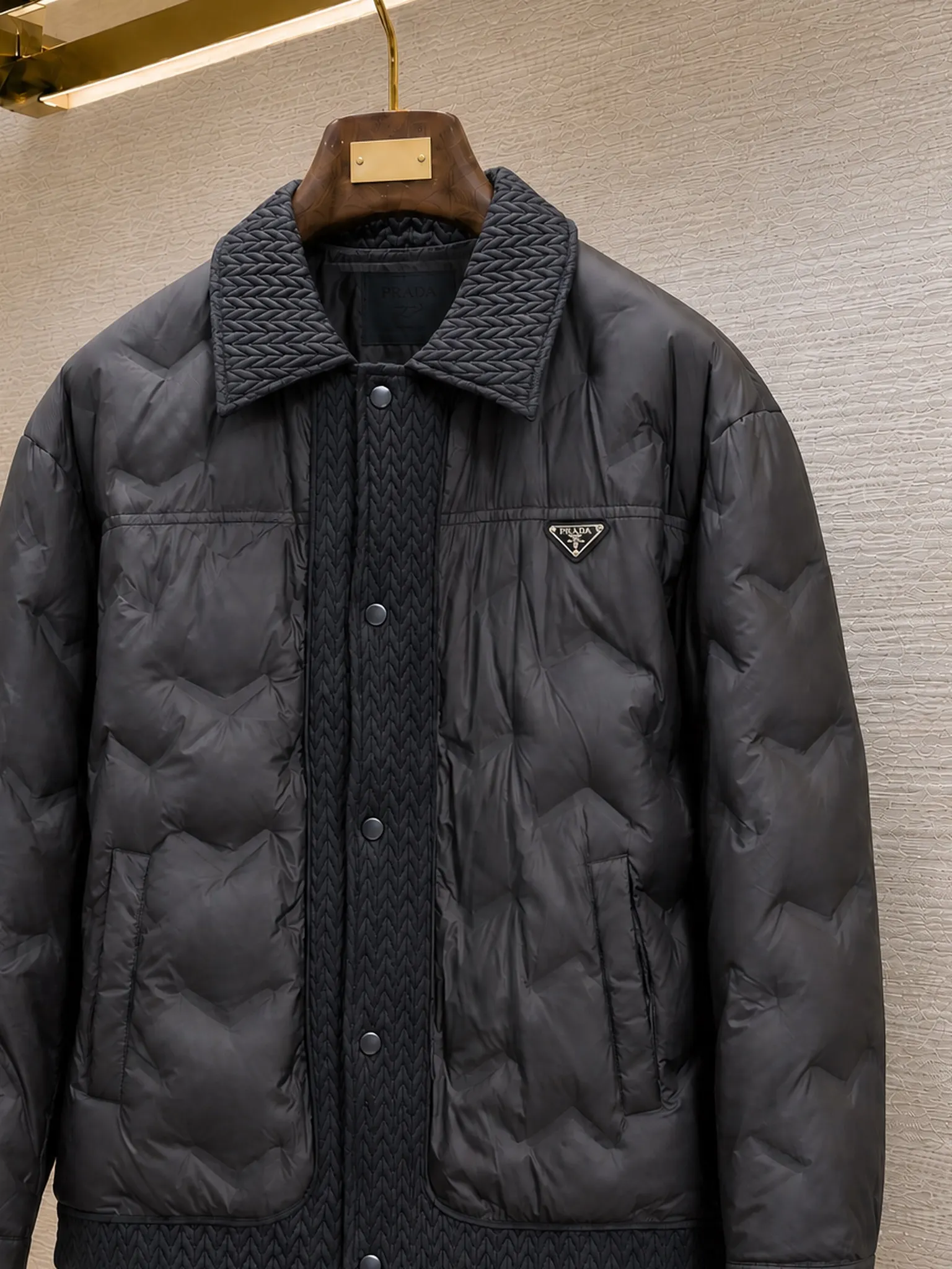 Quilted Down-Filled Shirt Jacket with Enamel Triangle Logo D52019081 — view 3