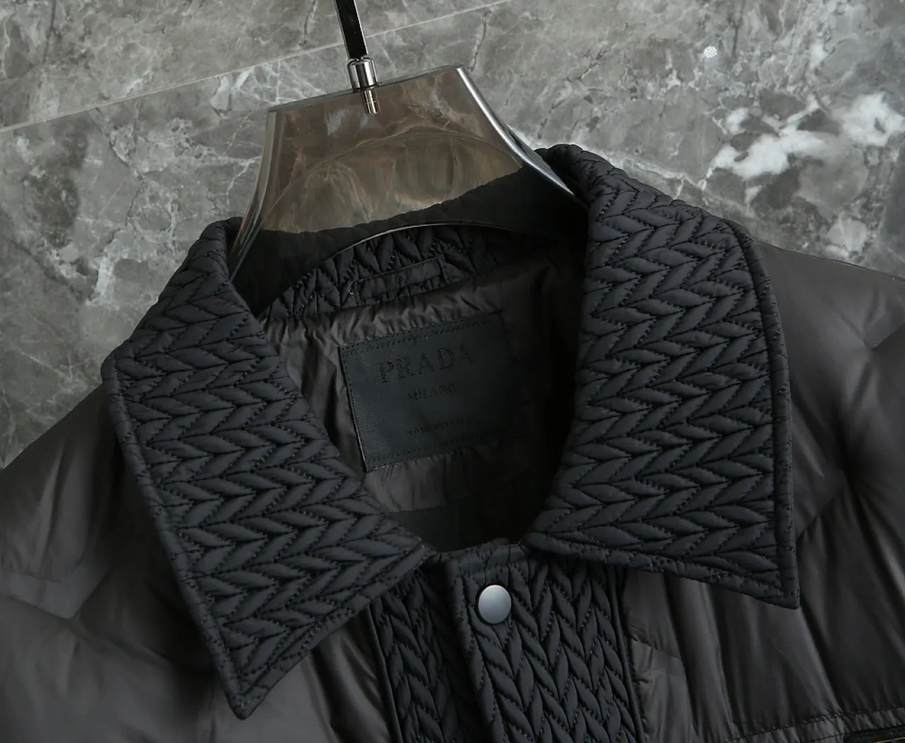 Quilted Down-Filled Shirt Jacket with Enamel Triangle Logo D52019081 — view 8
