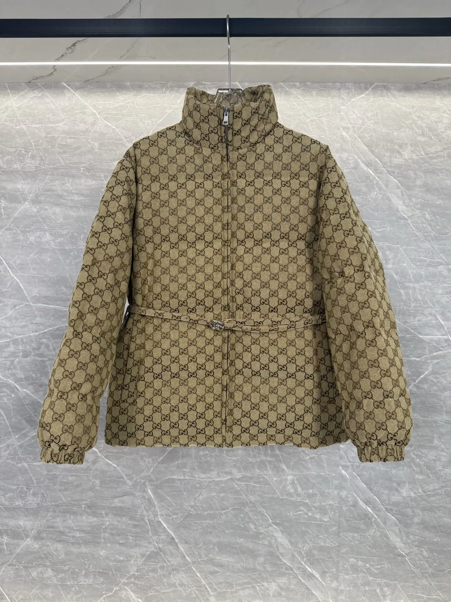 GG Monogram Jacquard Belted Down Jacket D55019012