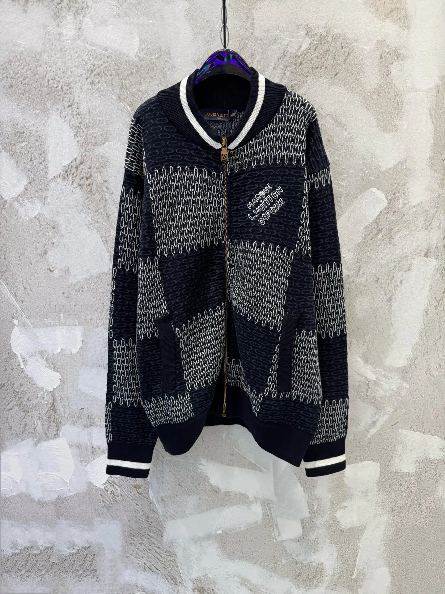 Damier Pattern Knit Bomber Cardigan D26012944