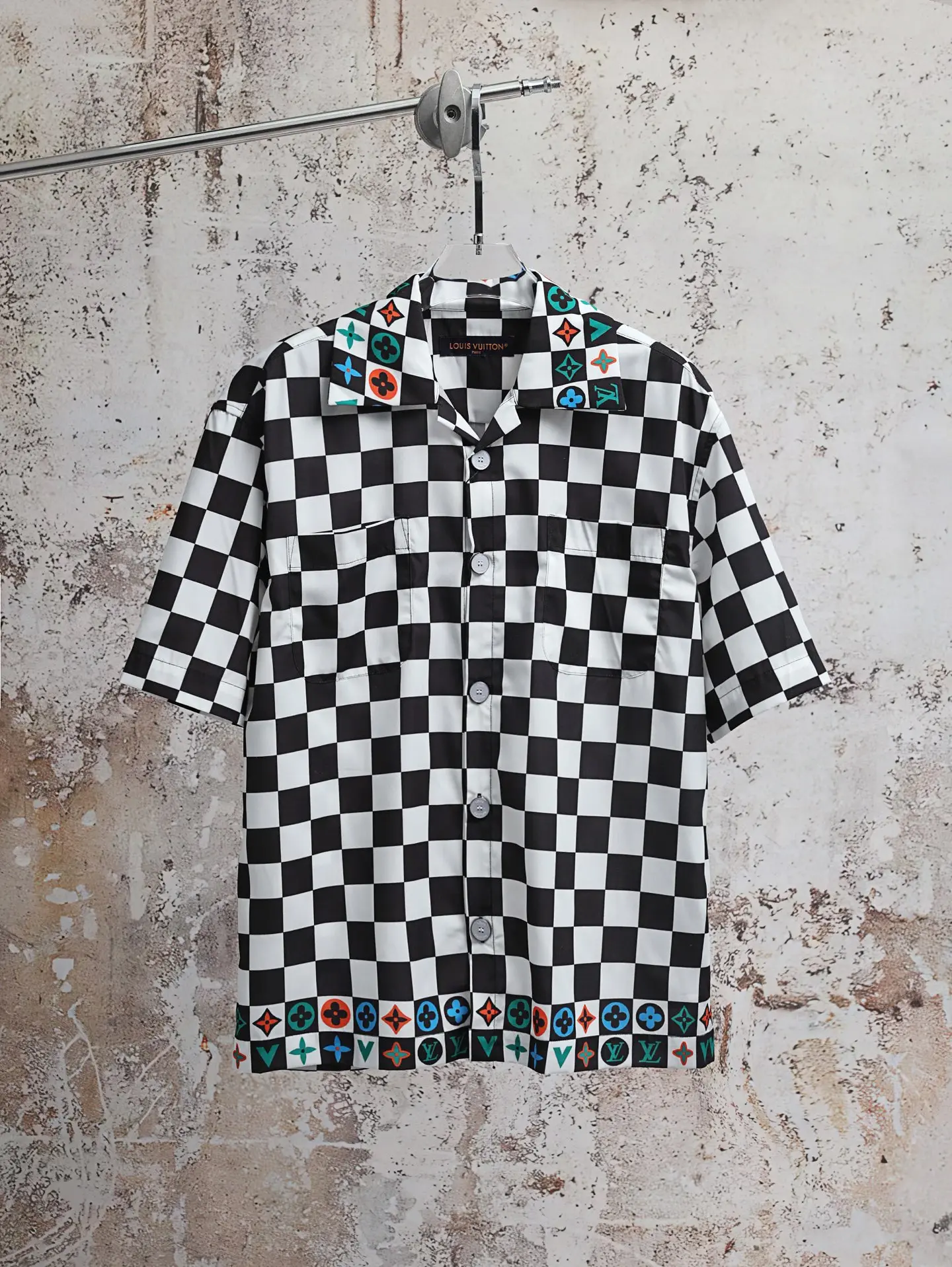 Damier Print Silk-Cotton Short-Sleeve Shirt D21520586