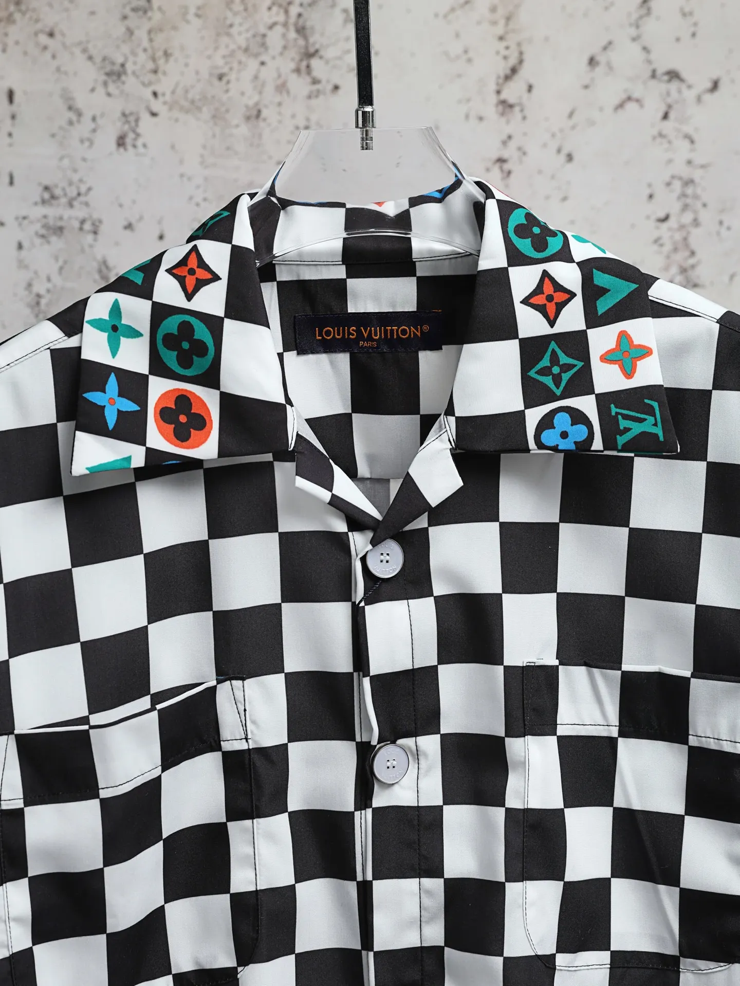 Damier Print Silk-Cotton Short-Sleeve Shirt D21520586 — view 3