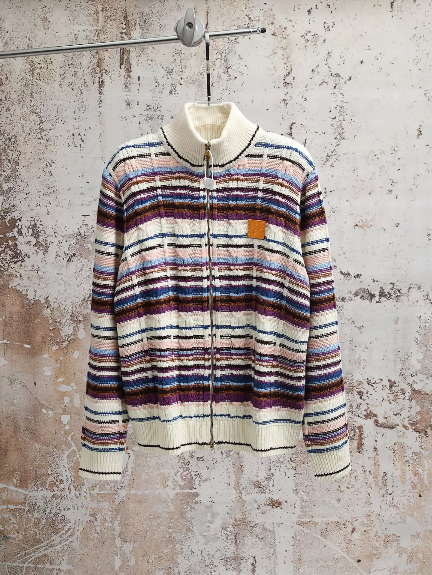 Striped Cable-Knit Zip-Up Cardigan D34020589