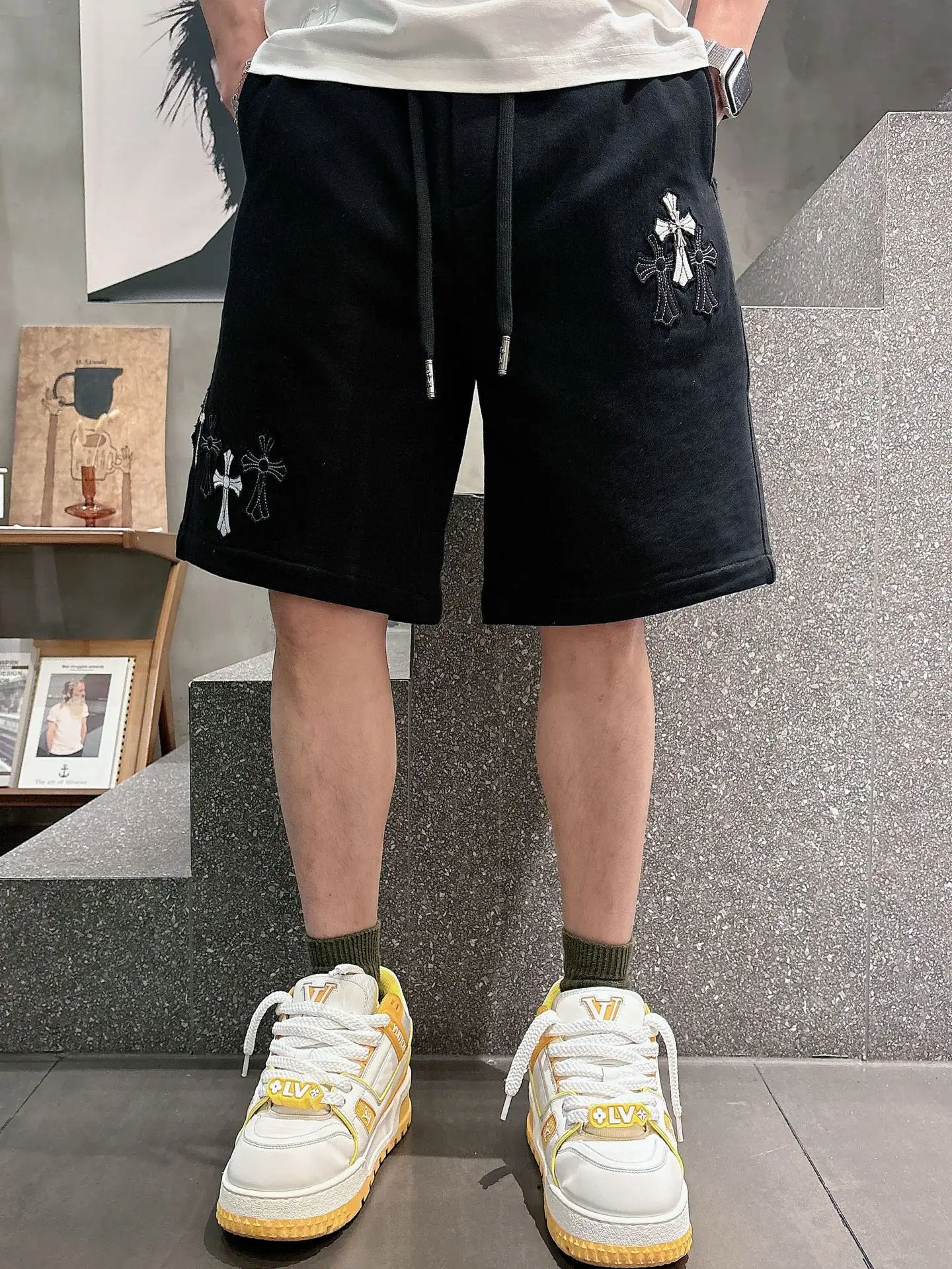 Cross Patch Embroidered Cotton Shorts D21012037