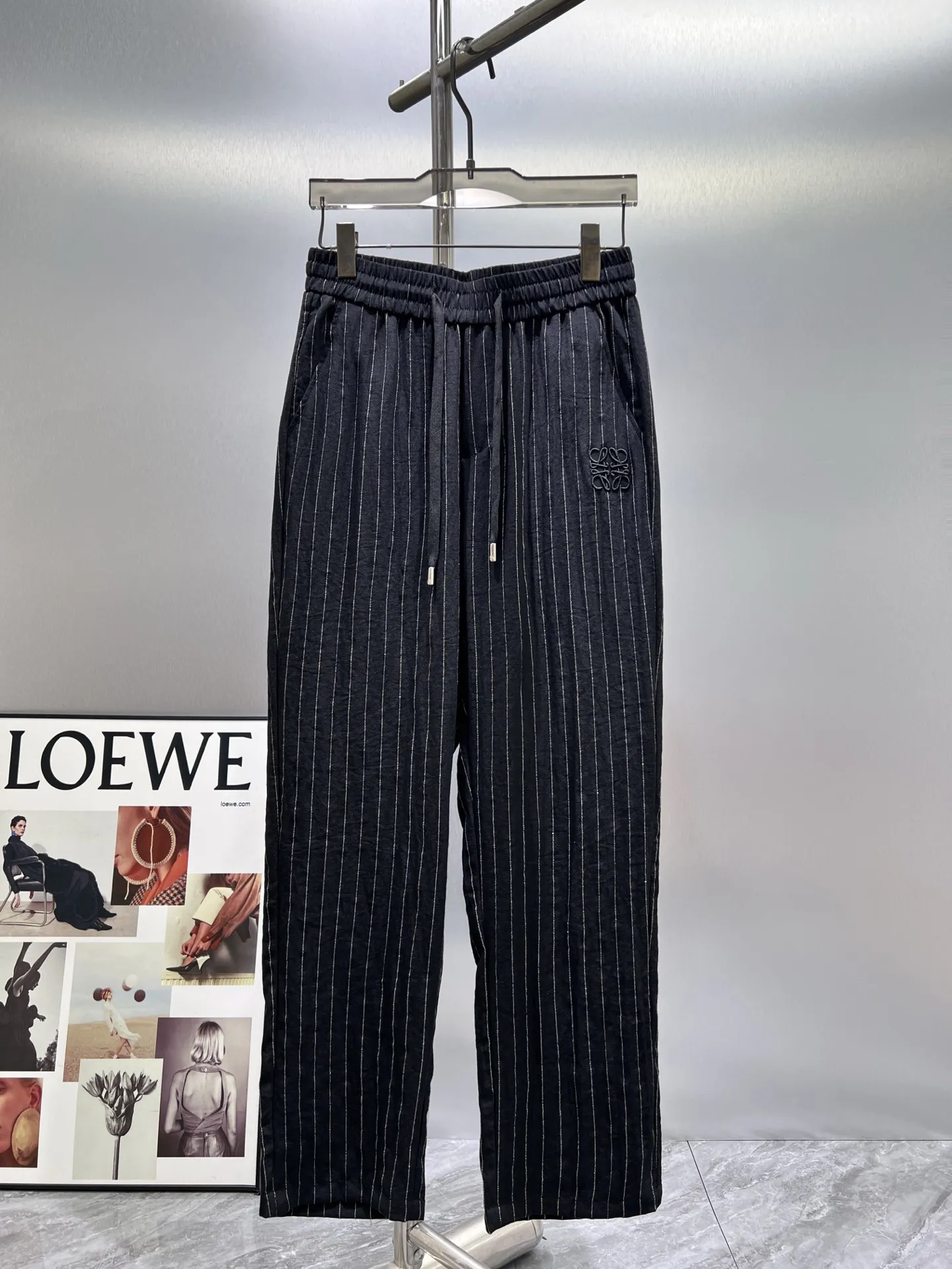 Embroidered Pinstriped Cotton-Linen Trousers D19511010
