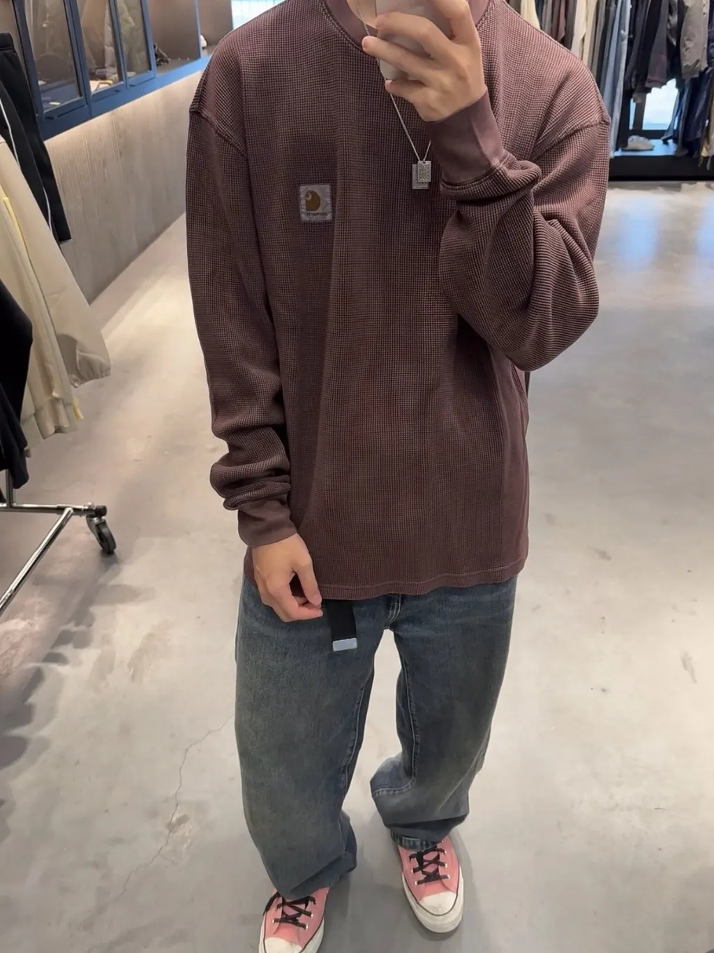 Enzyme-Washed Waffle Knit Long-Sleeve T-Shirt D13523686 — view 13