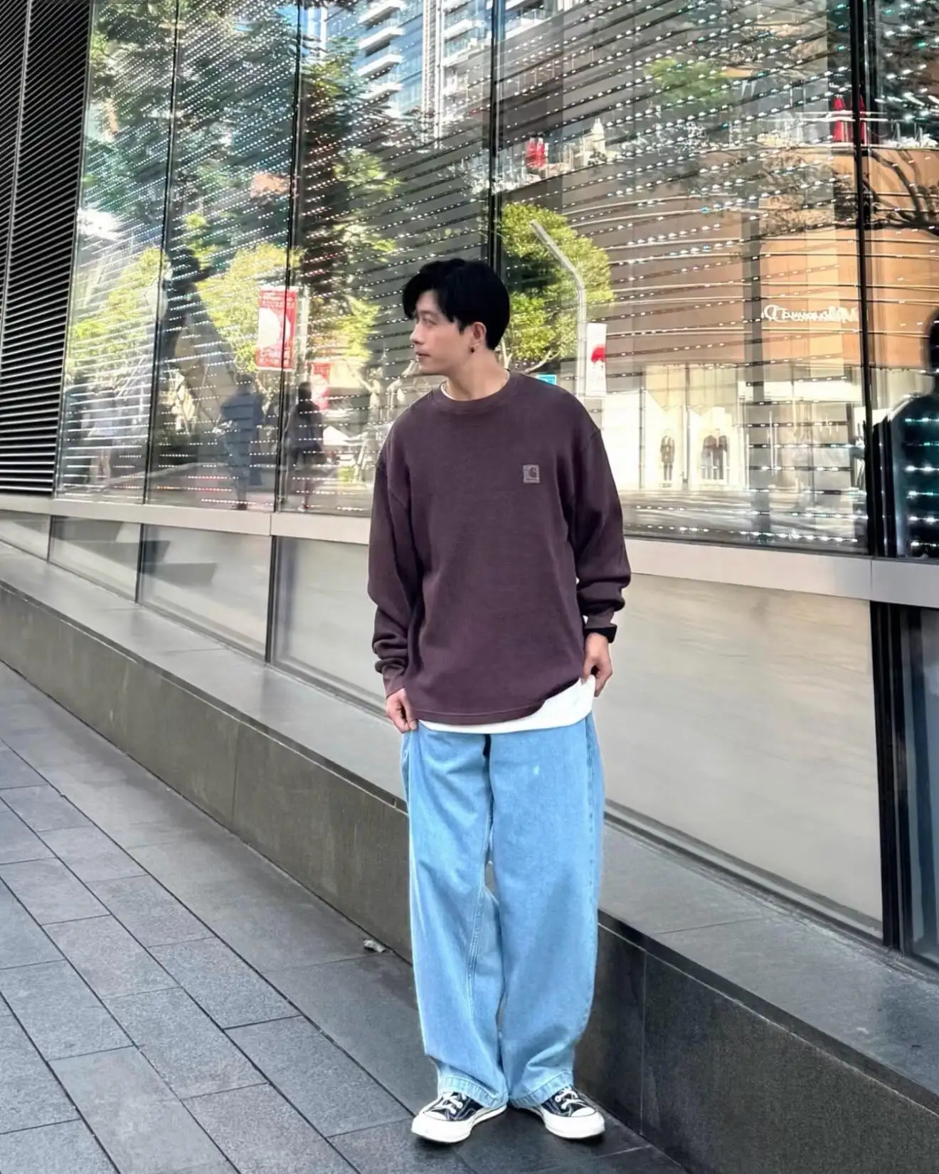 Enzyme-Washed Waffle Knit Long-Sleeve T-Shirt D13523686 — view 59