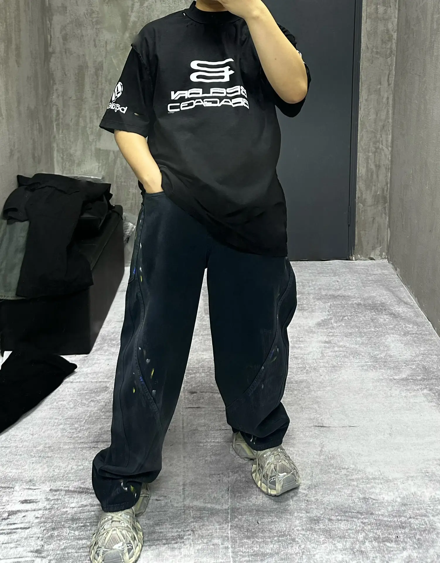 Paint-Splatter Twill Curved-Leg Trousers D20520552 — view 5