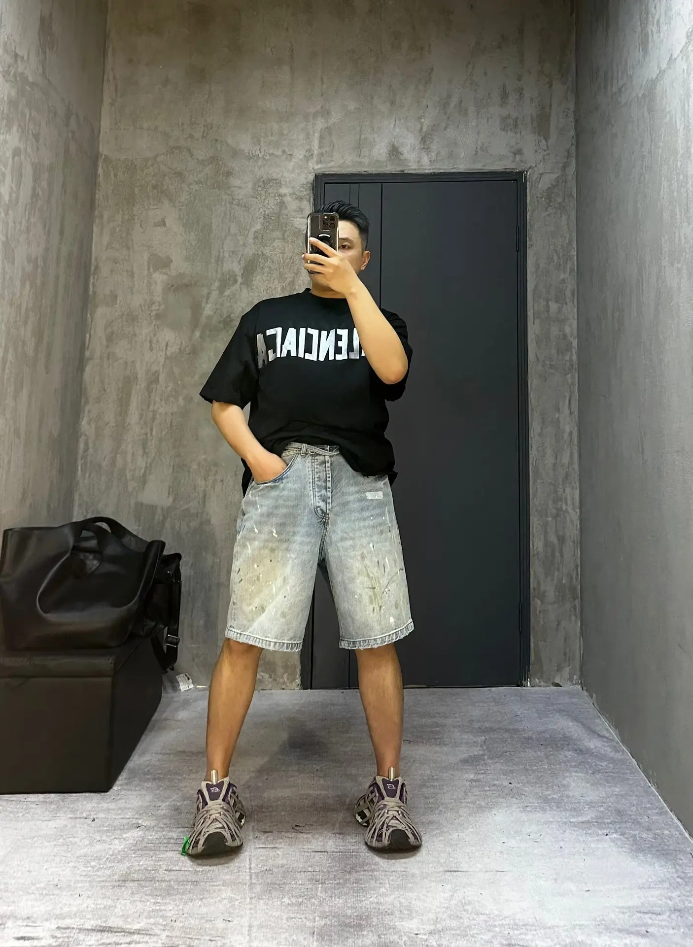 Acne Studios Distressed Paint-Splatter Denim Shorts D22518630 — view 2