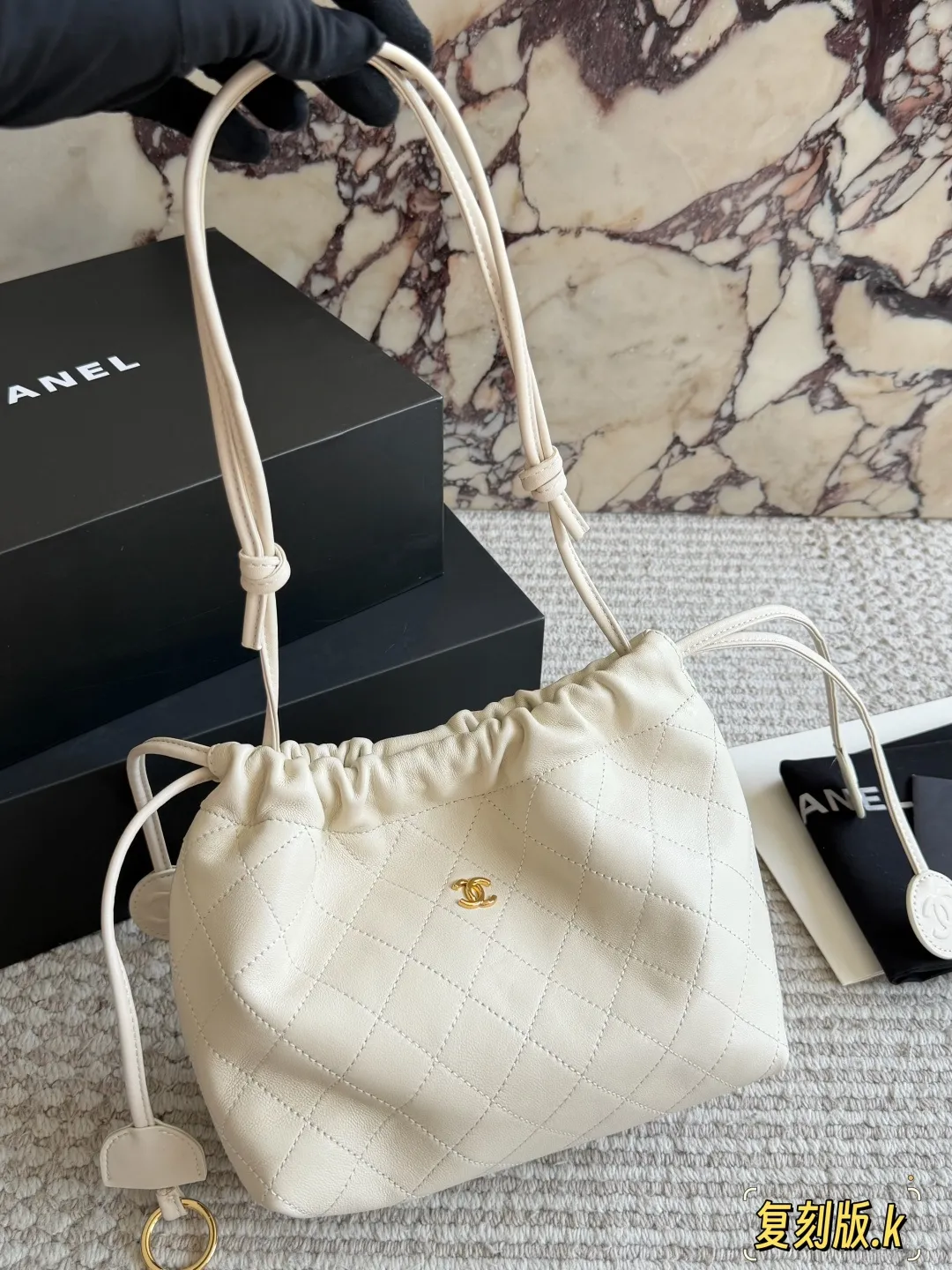 Quilted Lambskin Drawstring Bucket Bag D34018086 — view 2