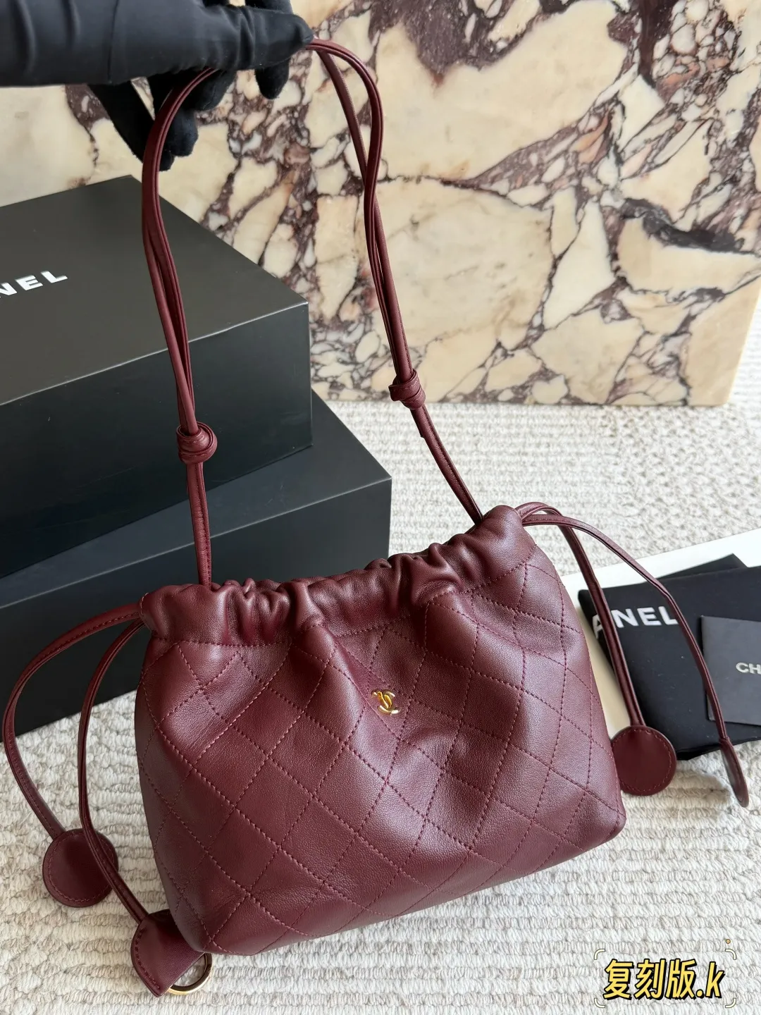 Quilted Lambskin Drawstring Bucket Bag D34018086 — view 3