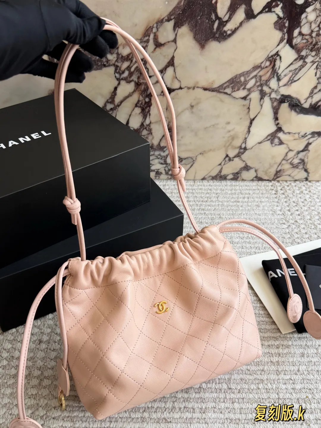 Quilted Lambskin Drawstring Bucket Bag D34018086 — view 5
