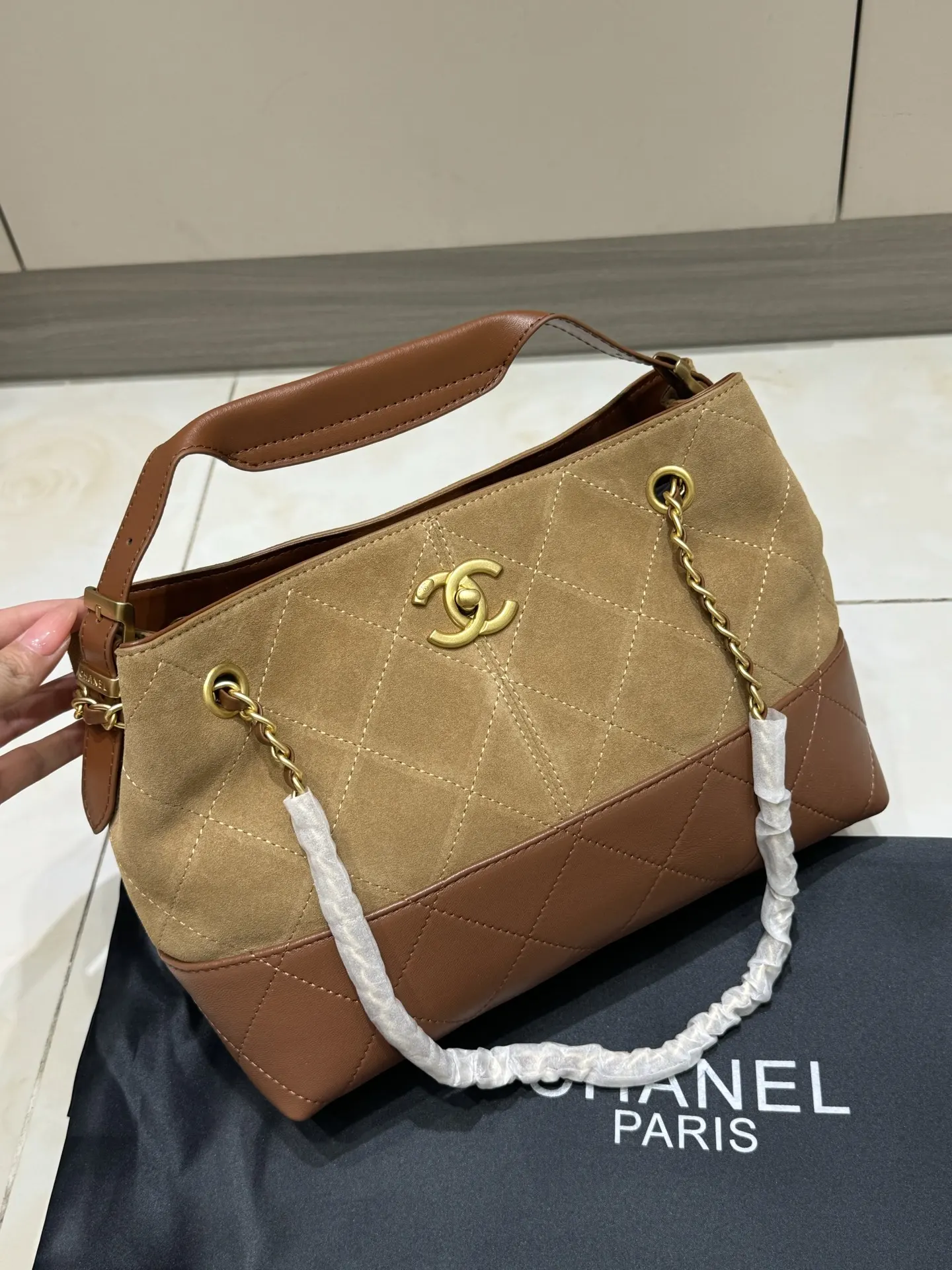 Chanel Quilted Suede & Leather Tote Bag D43017855 — view 2
