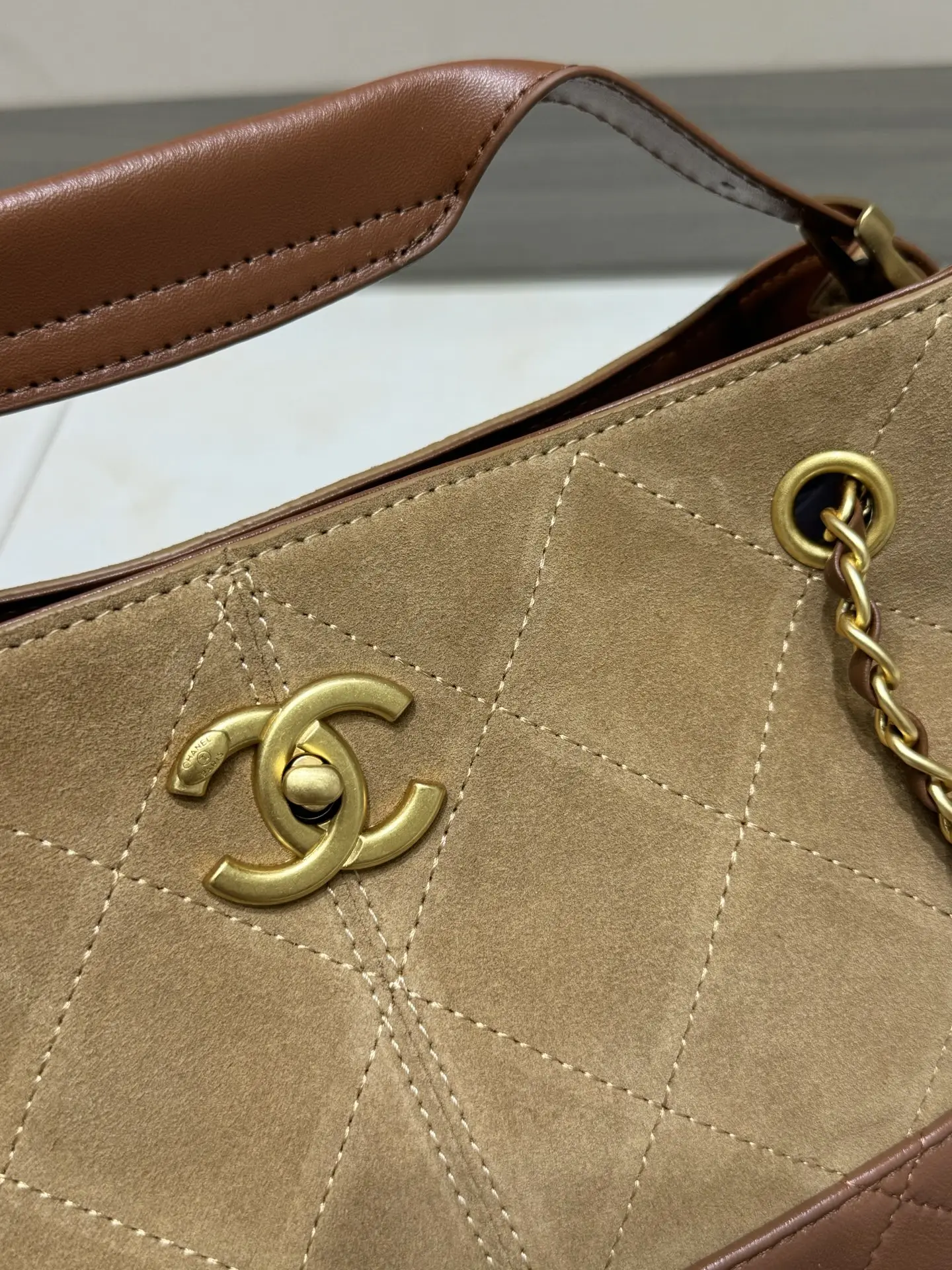Chanel Quilted Suede & Leather Tote Bag D43017855 — view 3