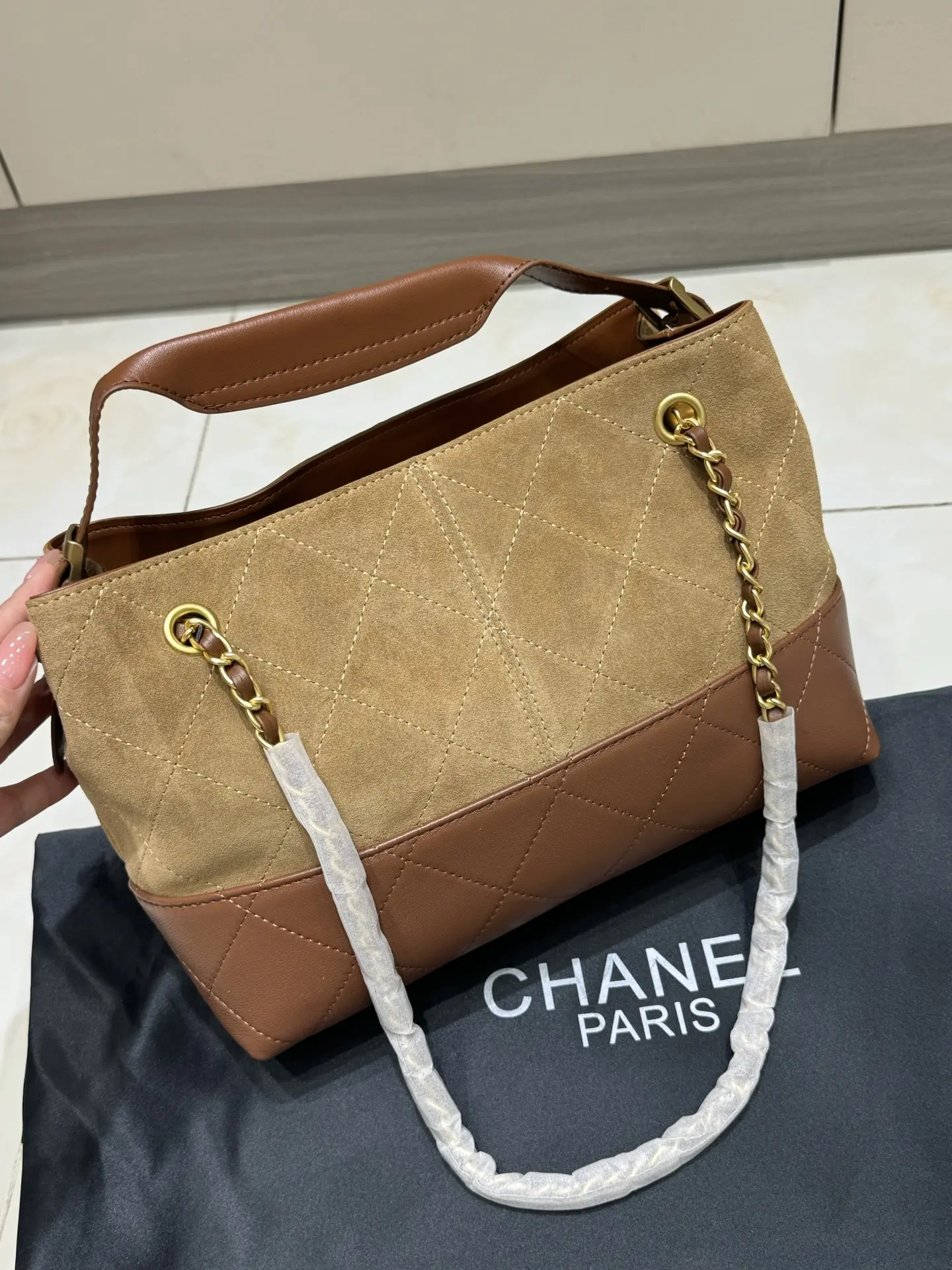 Chanel Quilted Suede & Leather Tote Bag D43017855 — view 6
